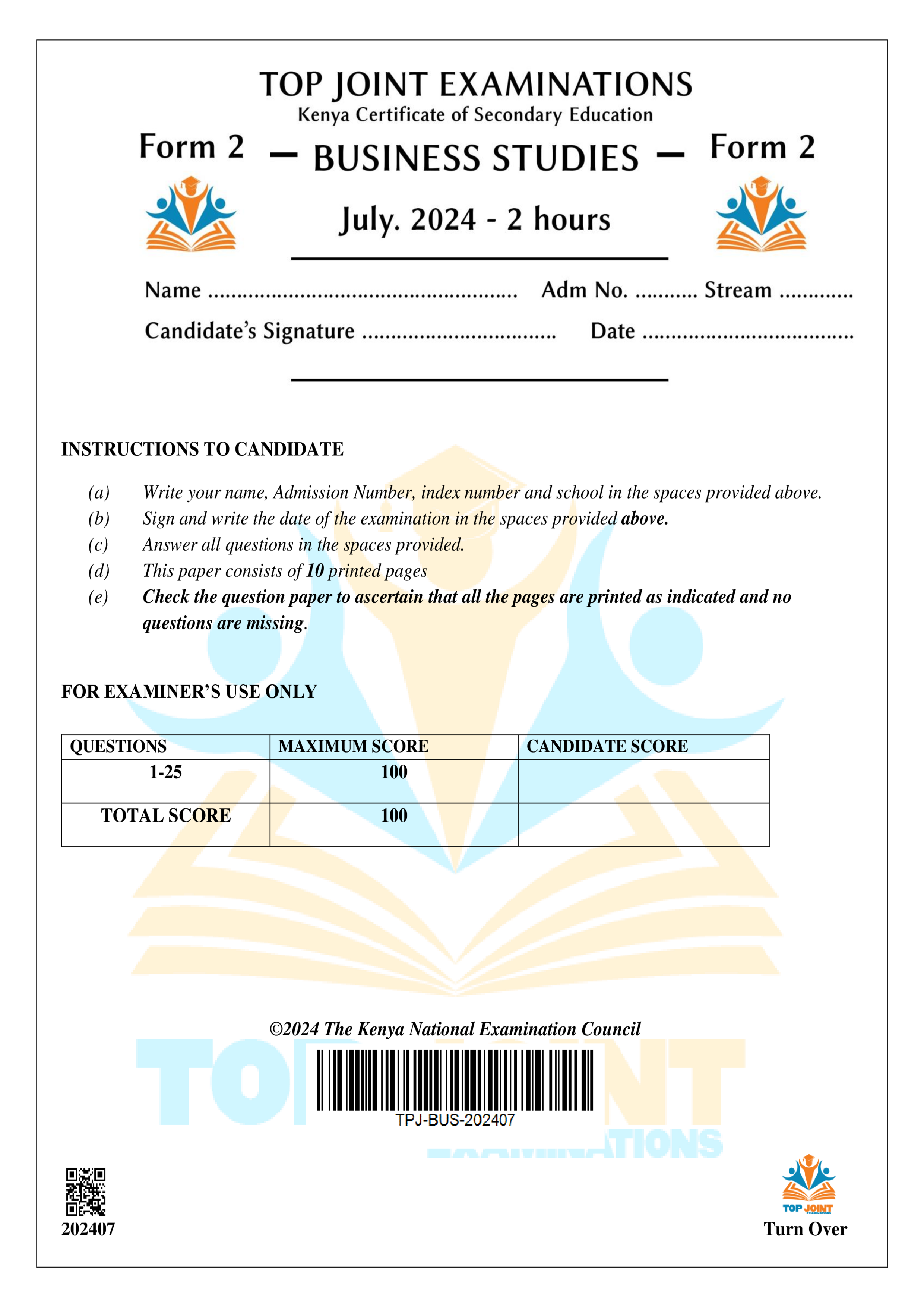 BUSINESS STUDIES FORM 2 END TERM 2 2024