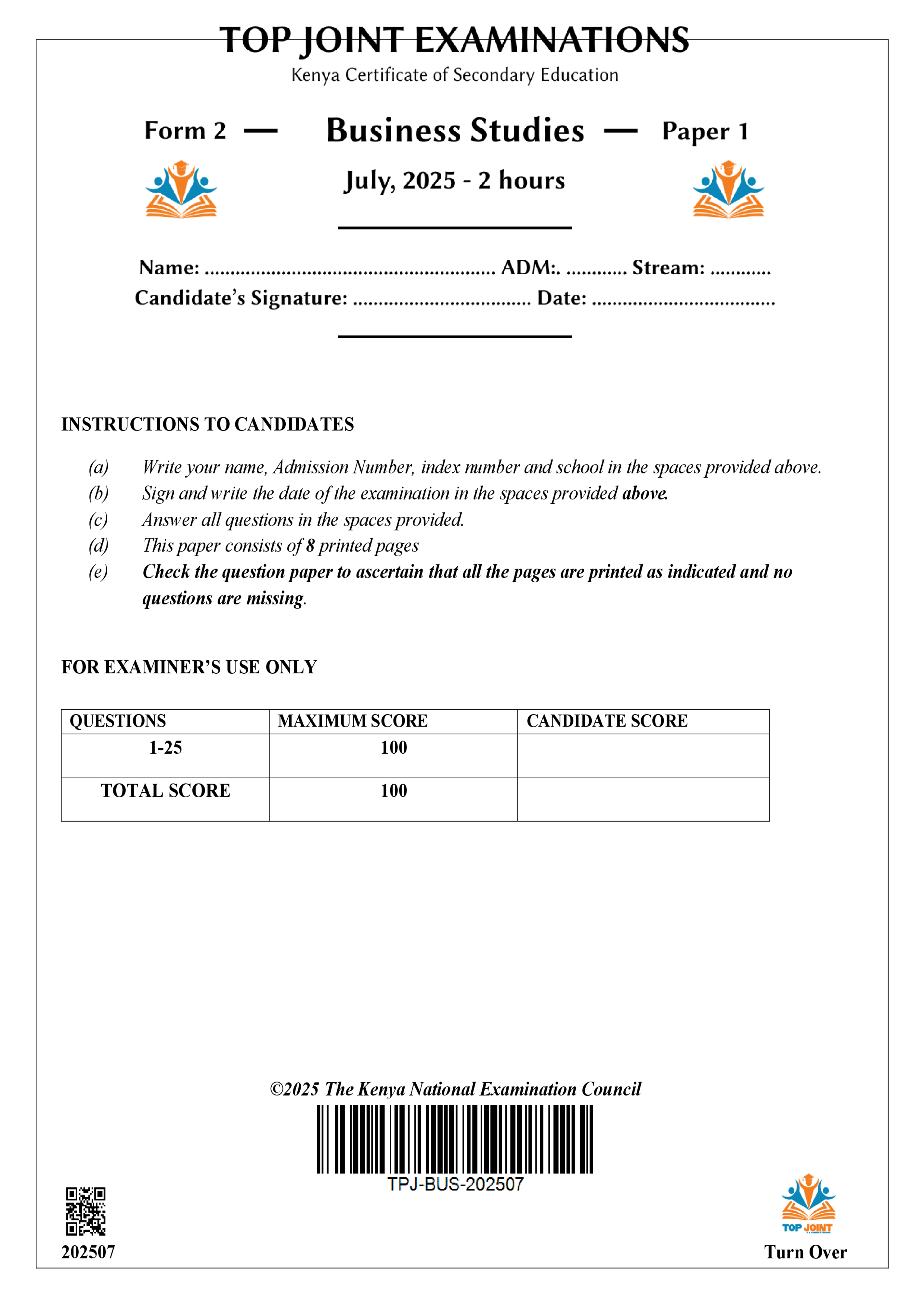 BUSINESS STUDIES FORM 2 END TERM 2 2025