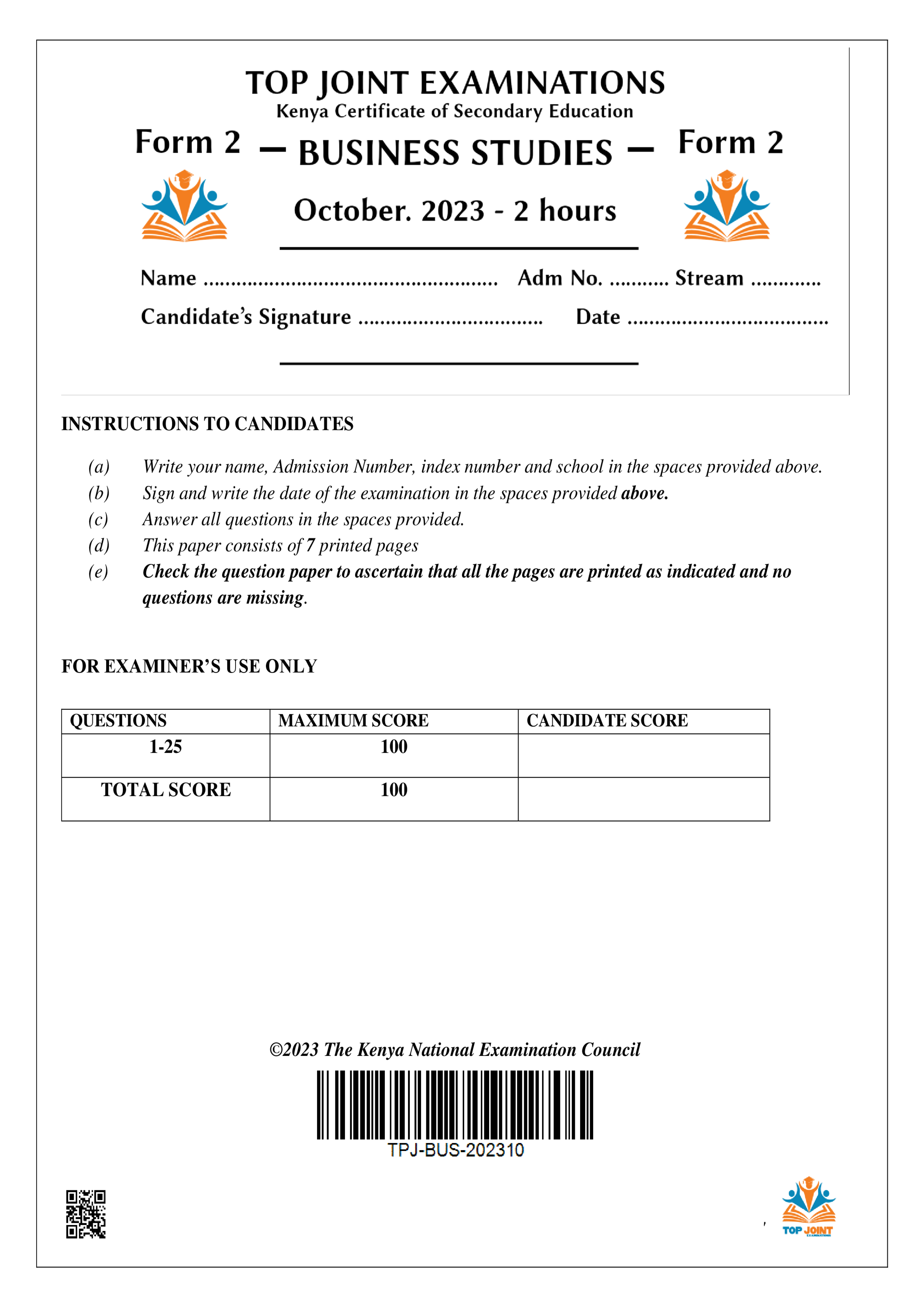 BUSINESS STUDIES FORM 2 END TERM 3 2023