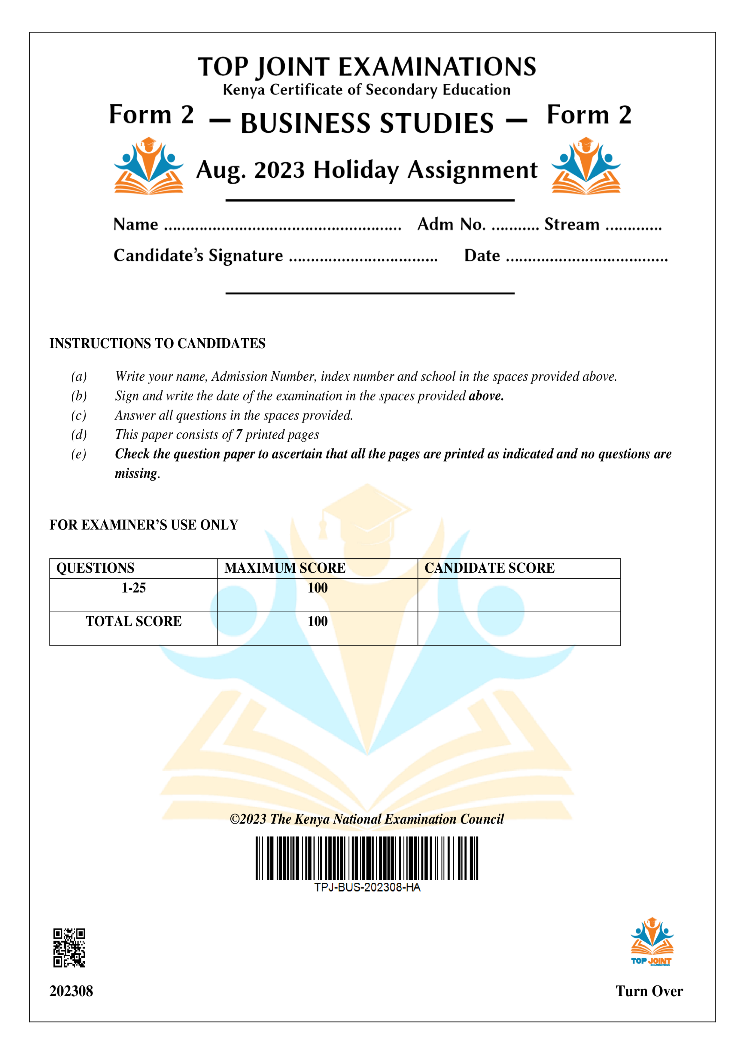 BUSINESS STUDIES FORM 2 AUGUST 2023 HOLIDAY ASSIGNMENT