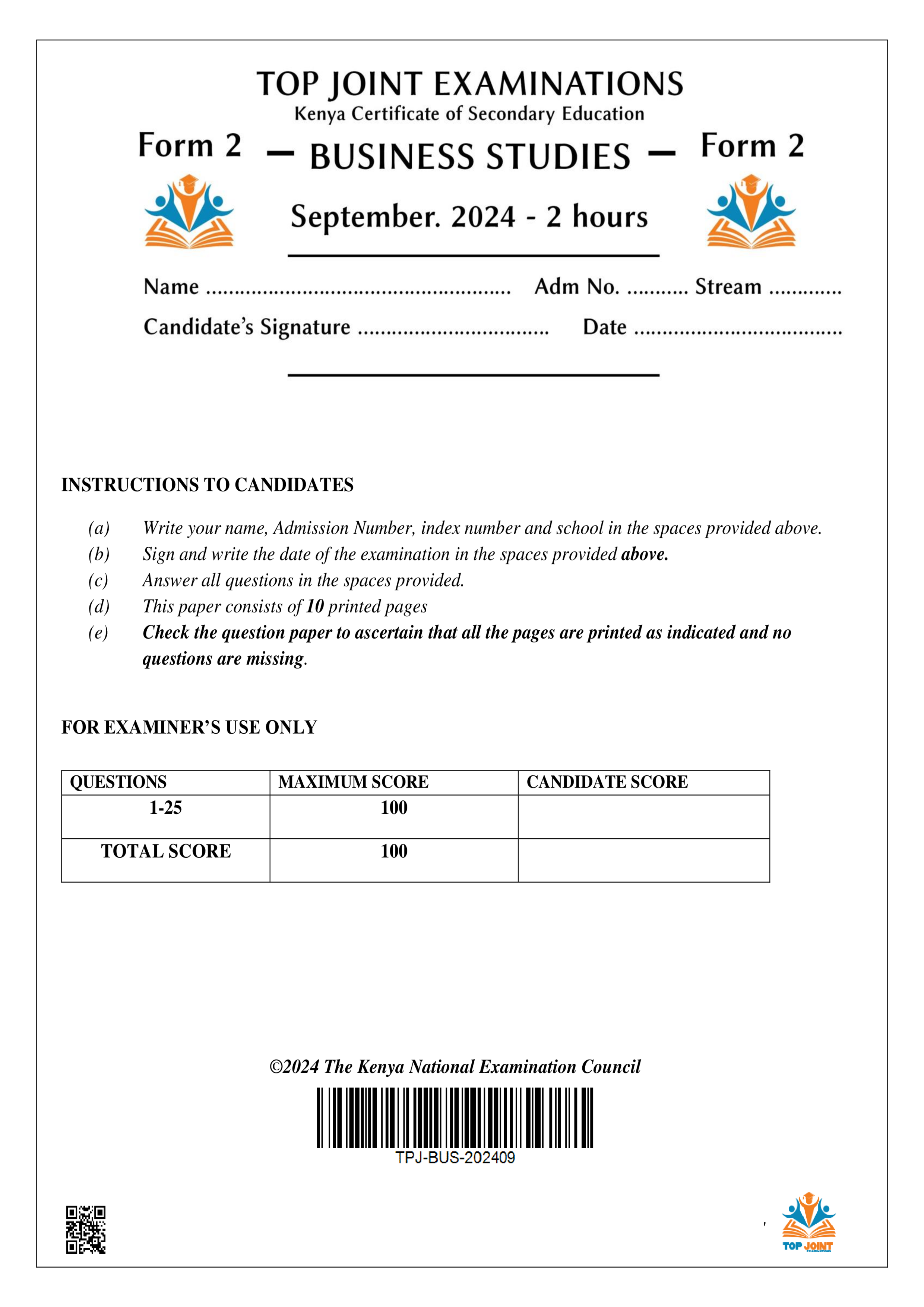 BUSINESS STUDIES FORM 2 SERIES 1 TERM 3 2024