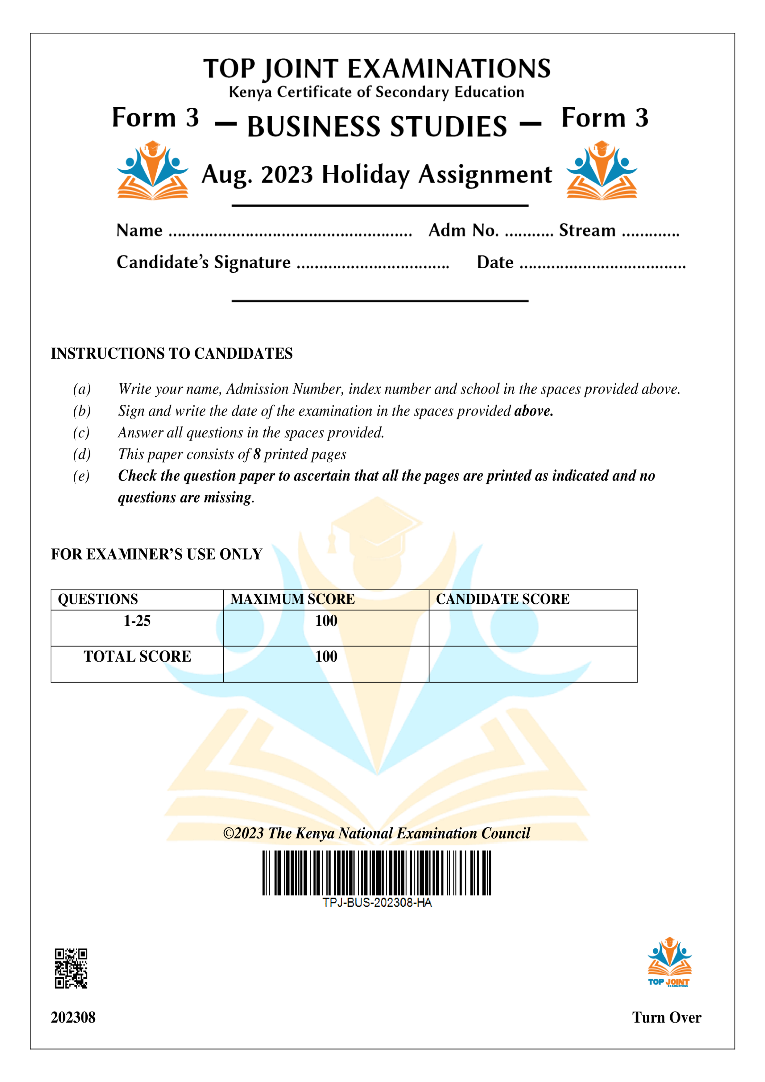 BUSINESS STUDIES FORM 3 AUGUST 2023 HOLIDAY ASSIGNMENT