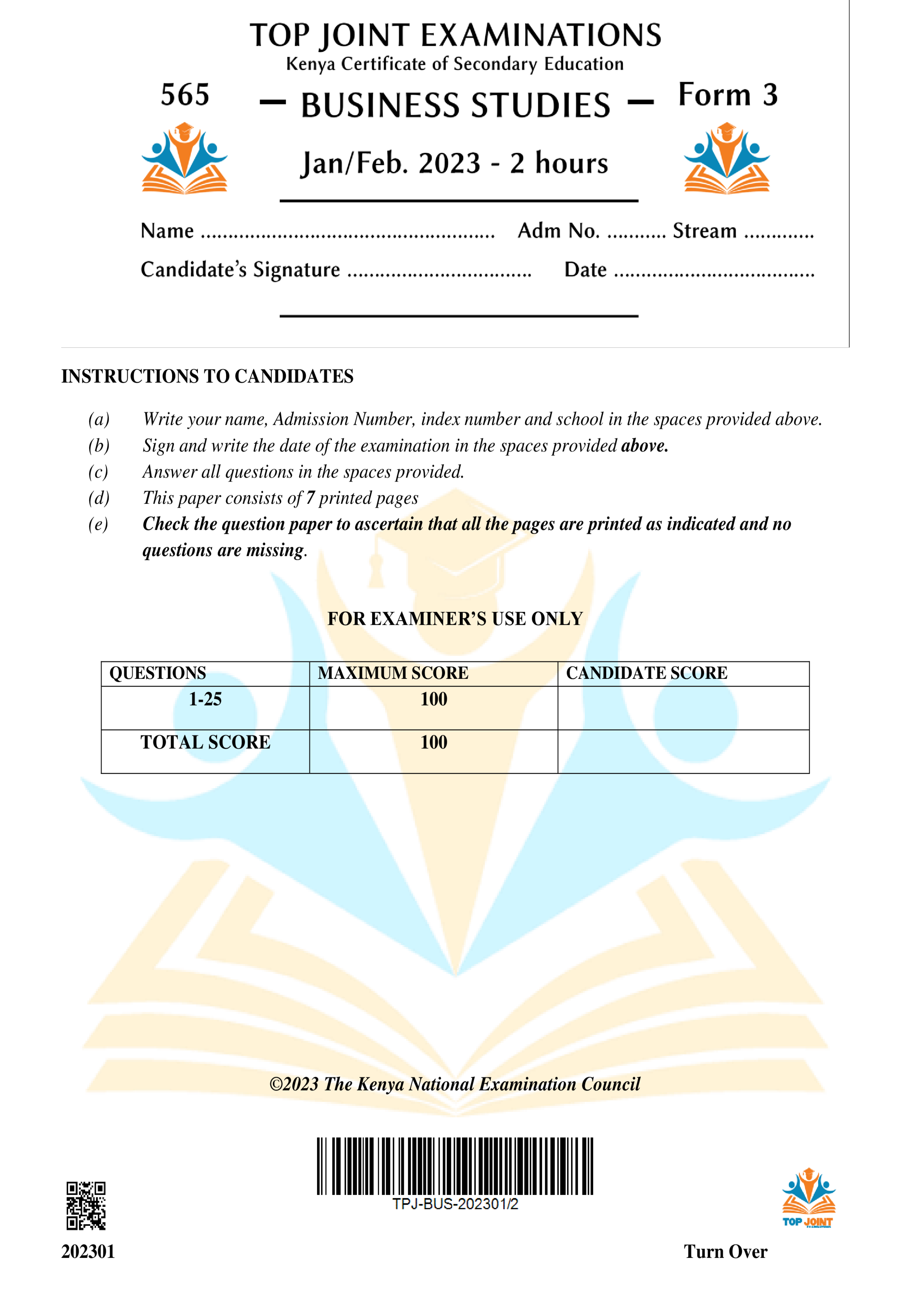BUSINESS STUDIES FORM 3 OPENER TERM 1 2023