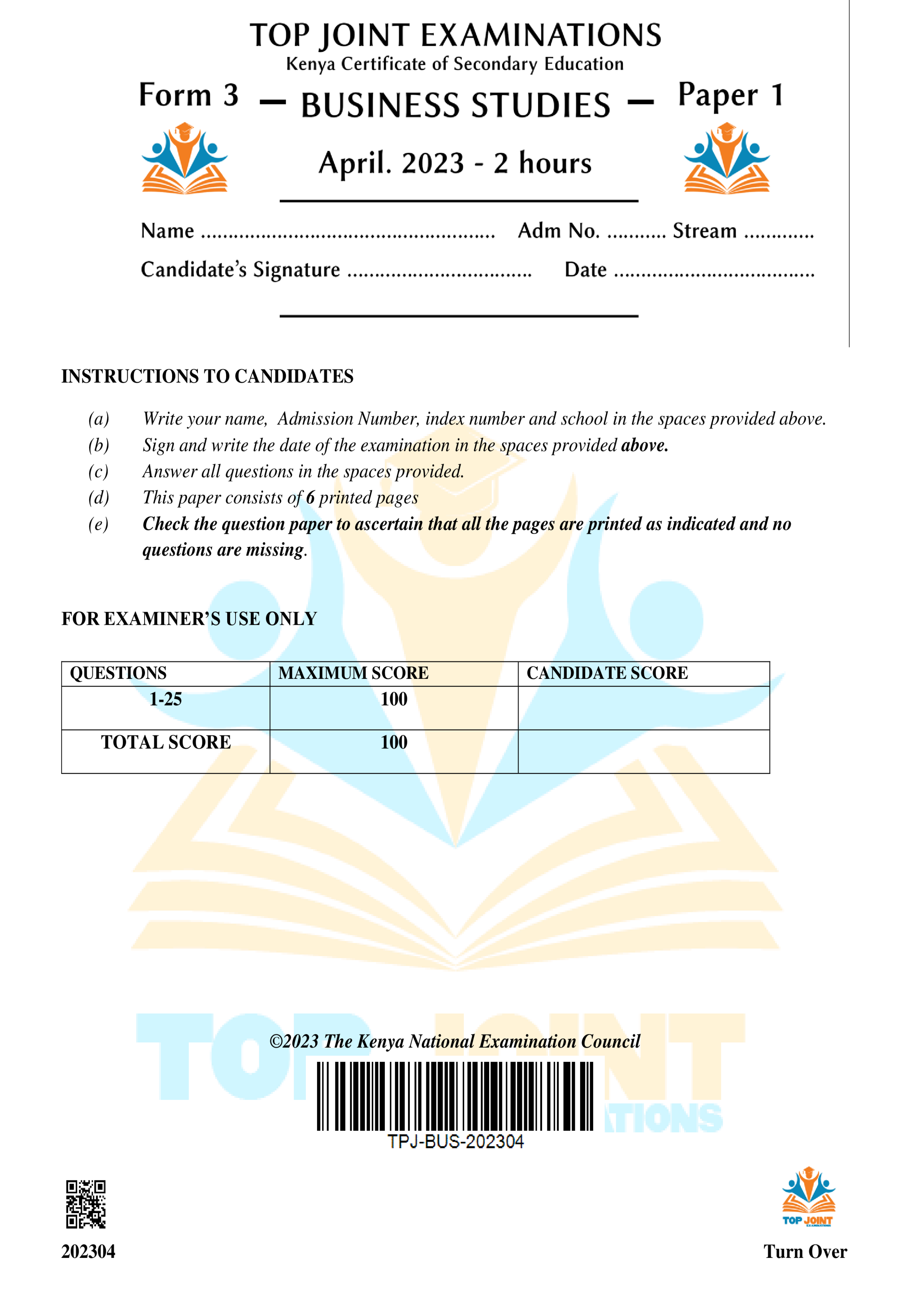 BUSINESS STUDIES FORM 3 PAPER 1 END TERM 1 2023