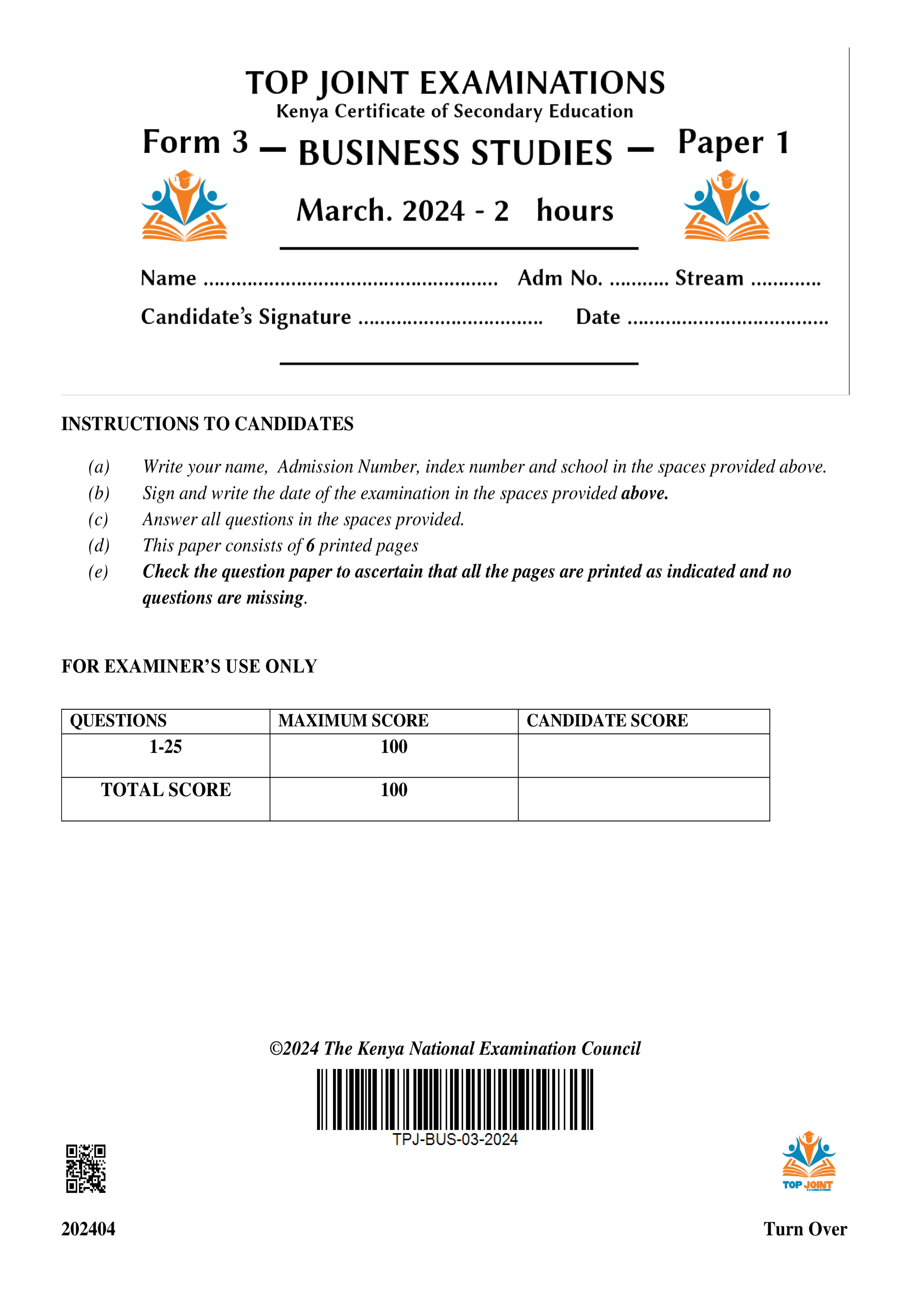 BUSINESS STUDIES FORM 3 PAPER 1 END TERM 1 2024