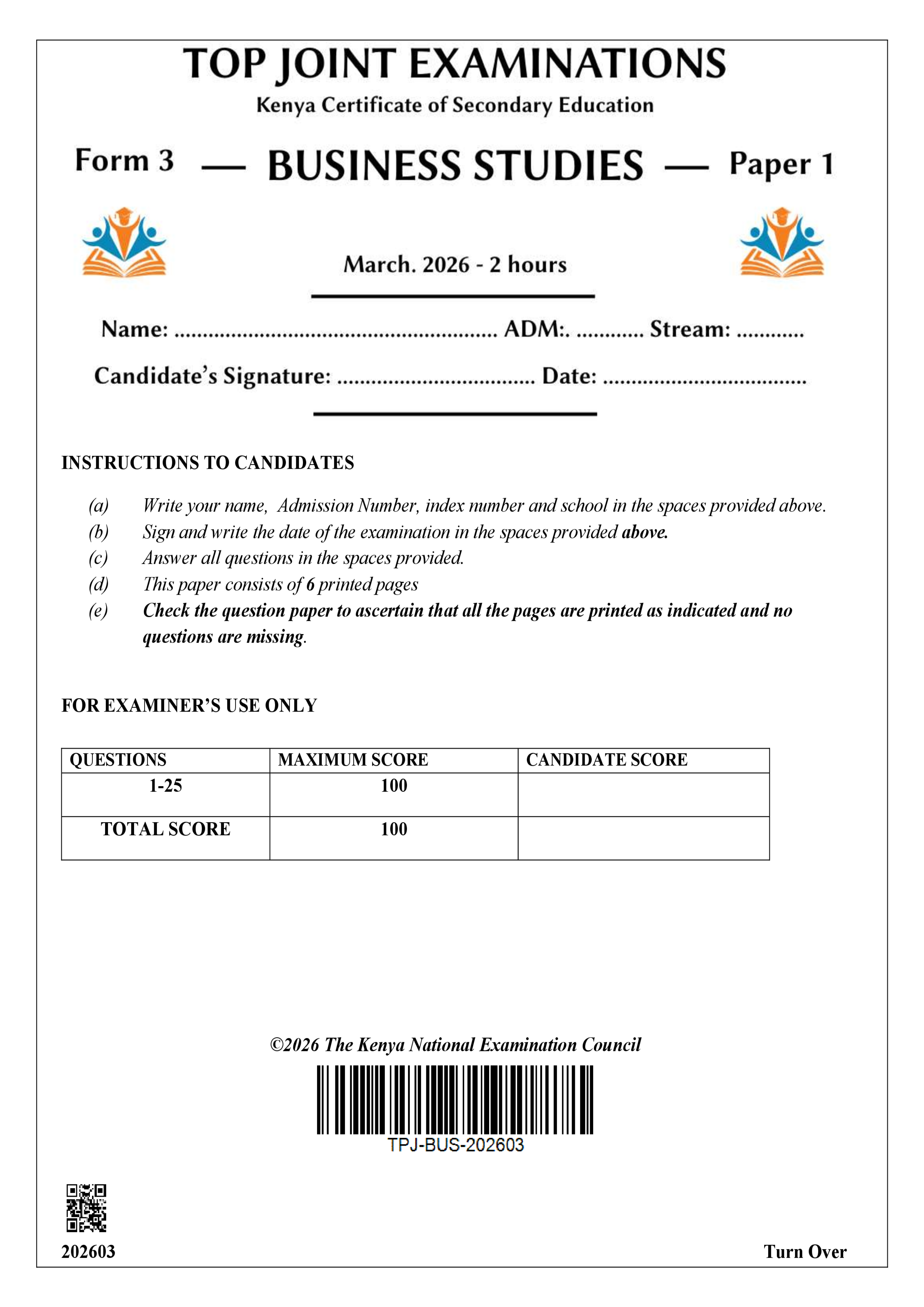 BUSINESS STUDIES FORM 3 PAPER 1 END TERM 1 2026