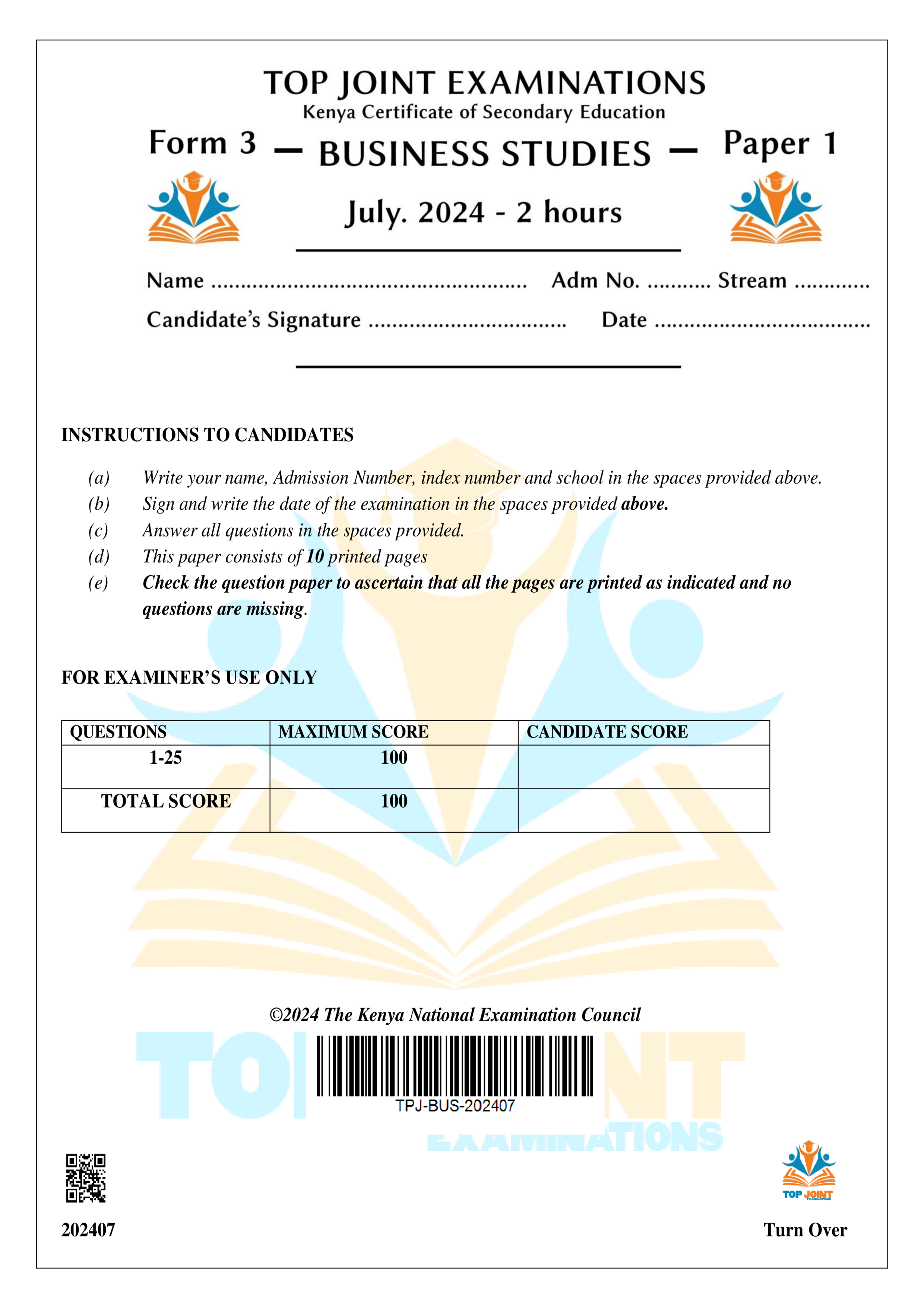 BUSINESS STUDIES FORM 3 PAPER 1 END TERM 2 2024