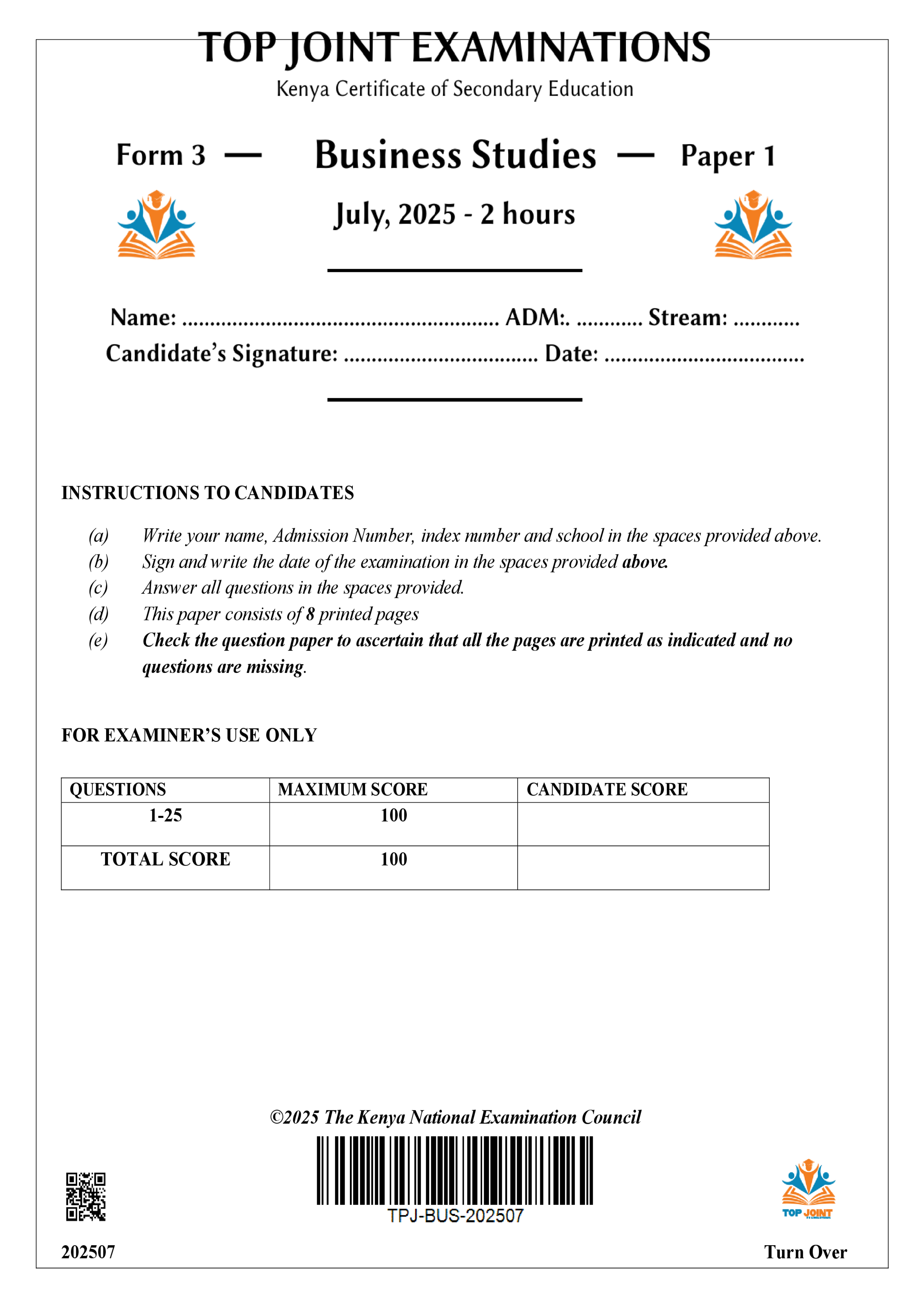 BUSINESS STUDIES FORM 3 PAPER 1 END TERM 2 2025