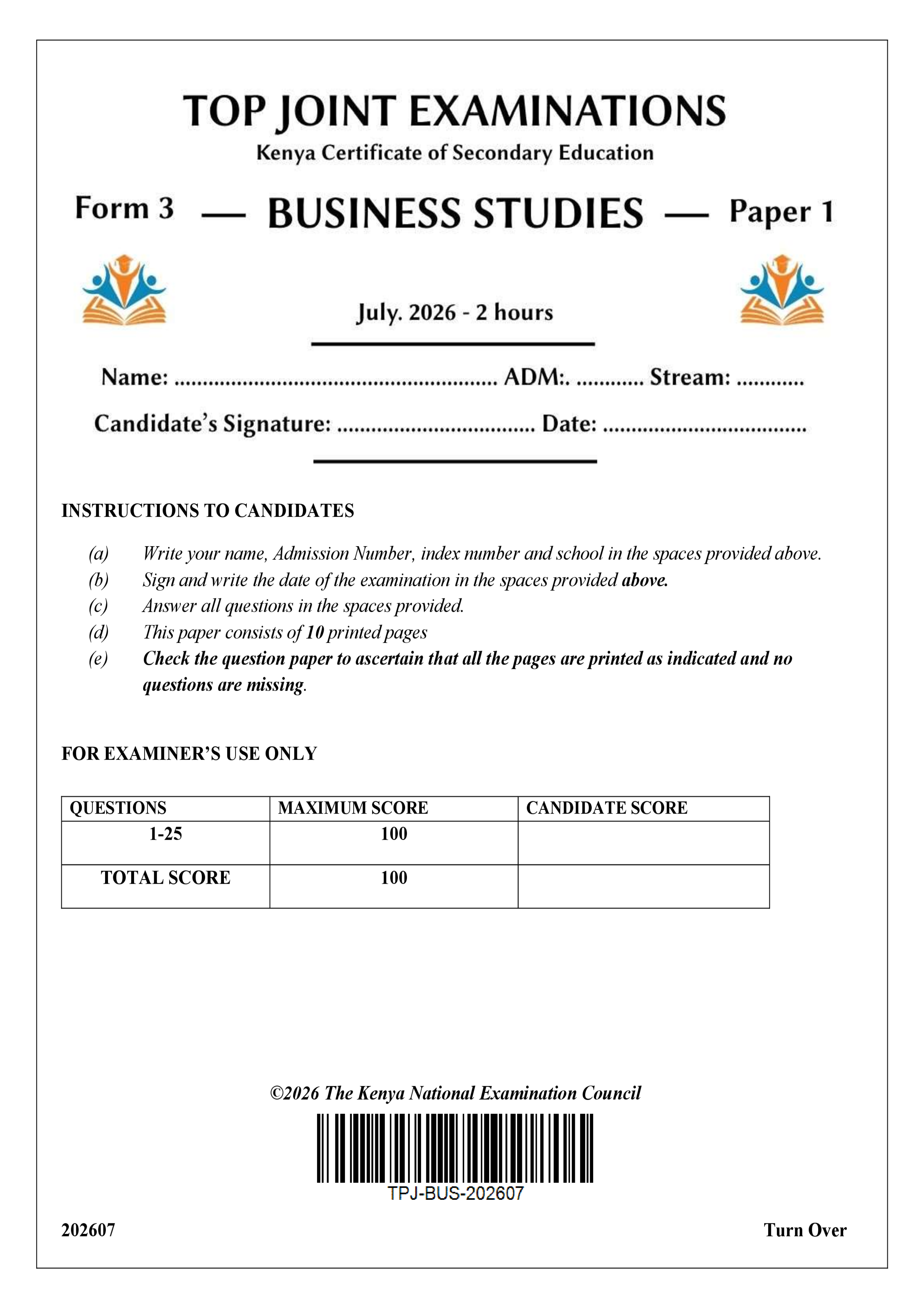 BUSINESS STUDIES FORM 3 PAPER 1 END TERM 2 2026