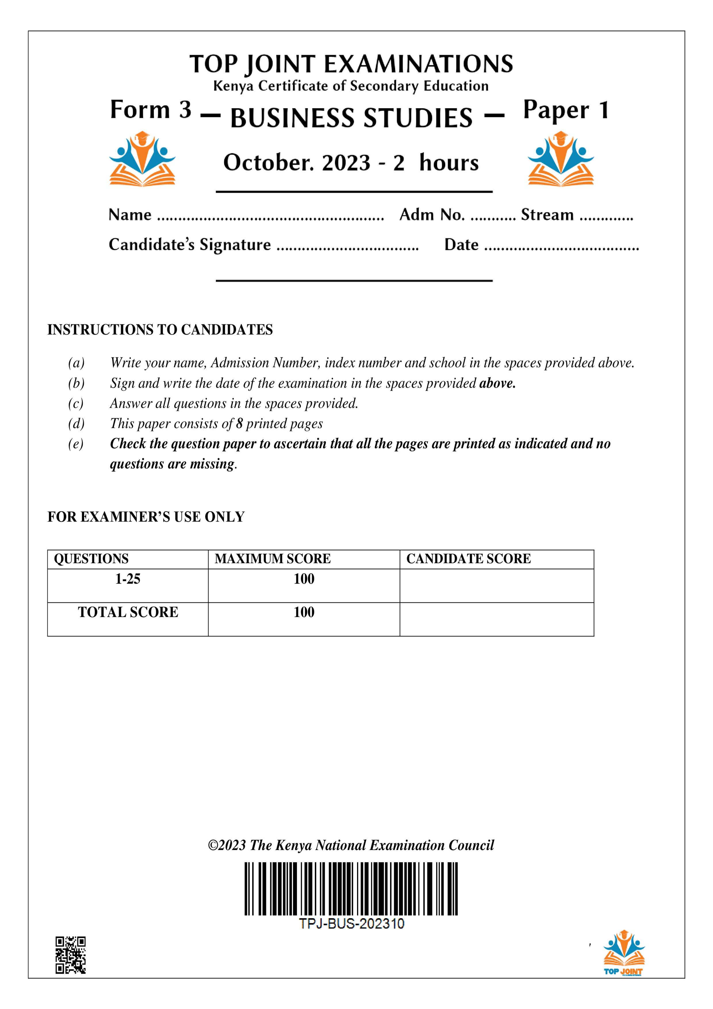 BUSINESS STUDIES FORM 3 PAPER 1 END TERM 3 2023