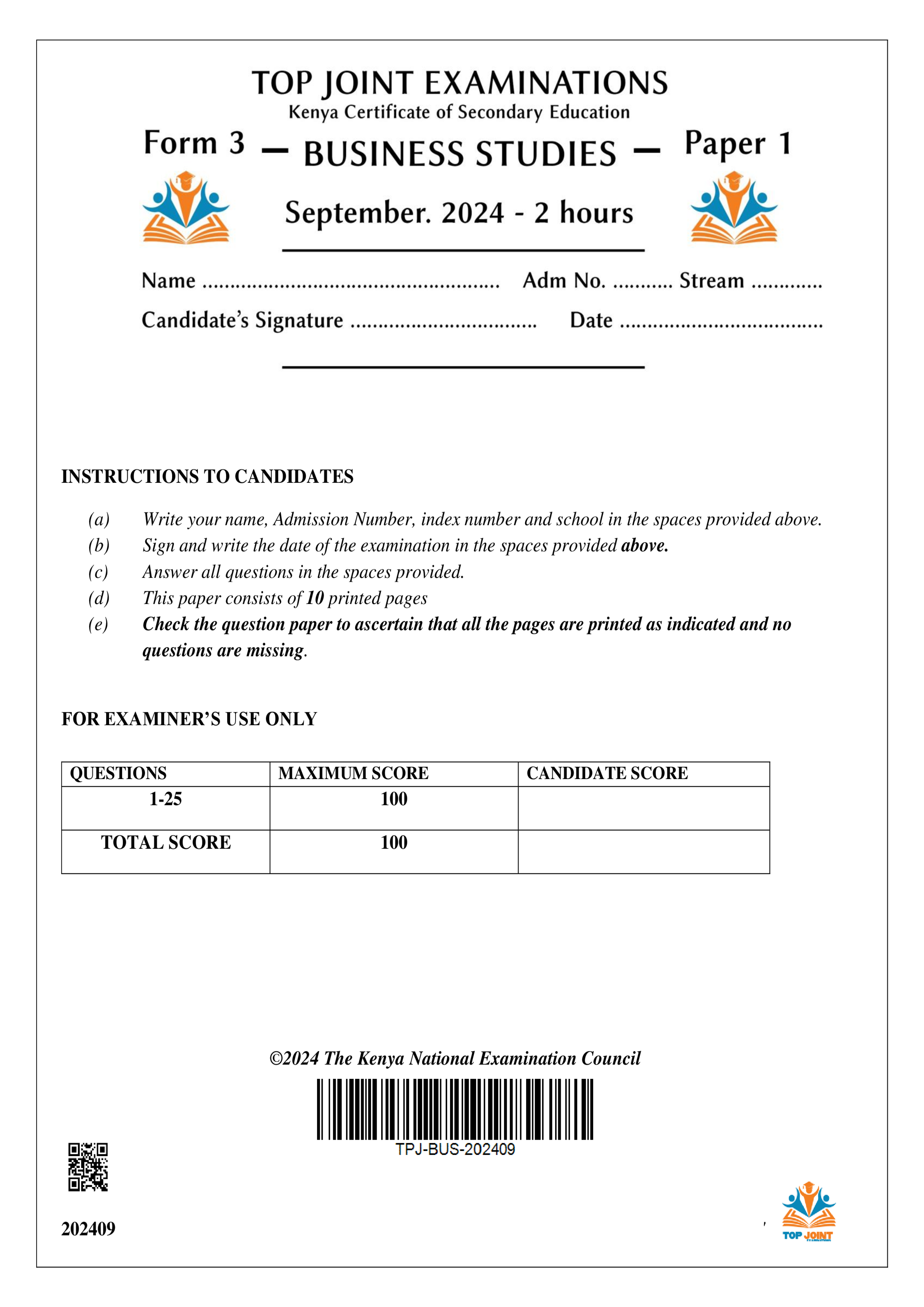 BUSINESS STUDIES FORM 3 PAPER 1 SERIES 1 TERM 3 2024