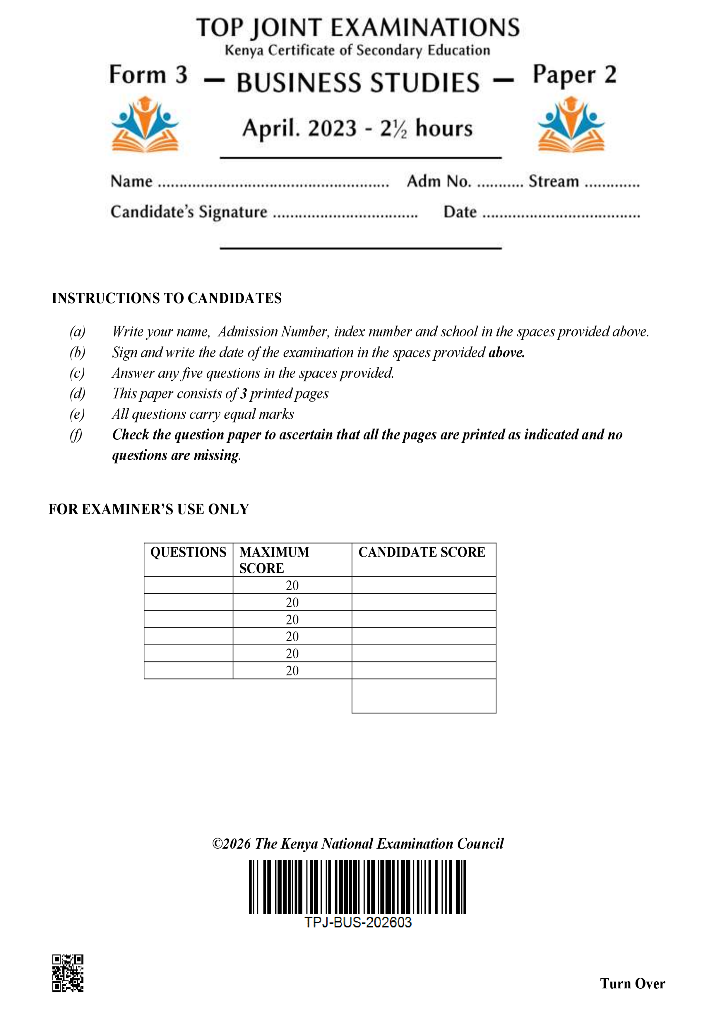 BUSINESS STUDIES FORM 3 PAPER 2 END TERM 1 2026