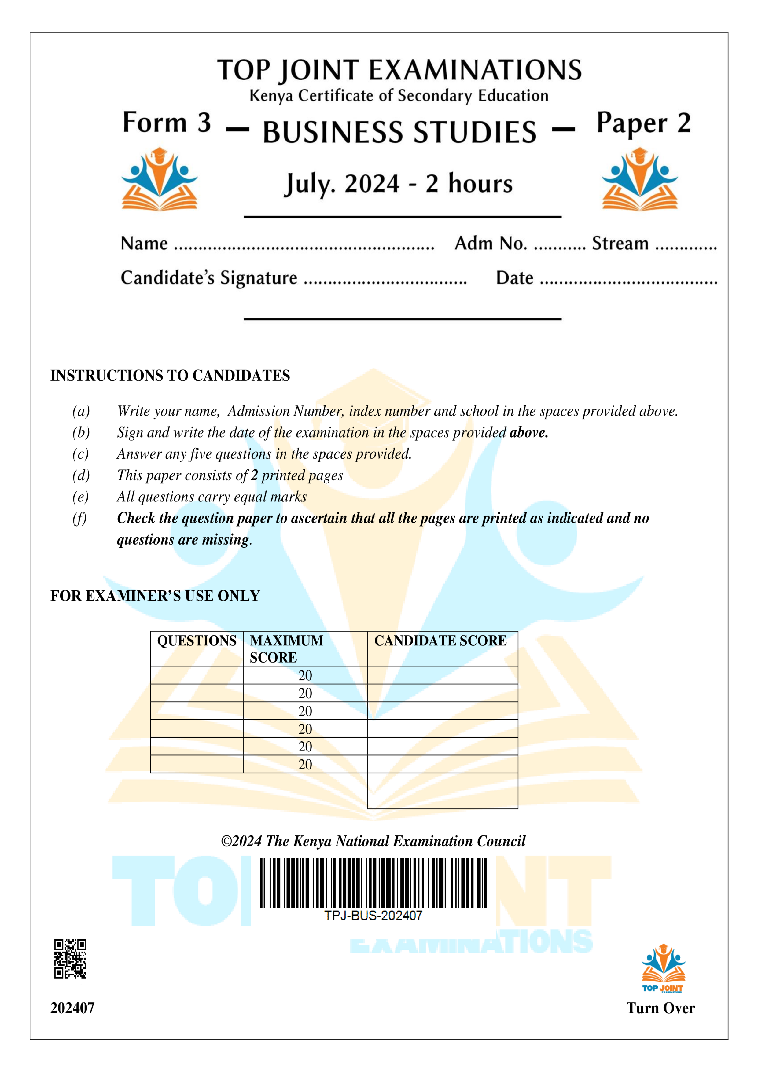 BUSINESS STUDIES FORM 3 PAPER 2 END TERM 2 2024