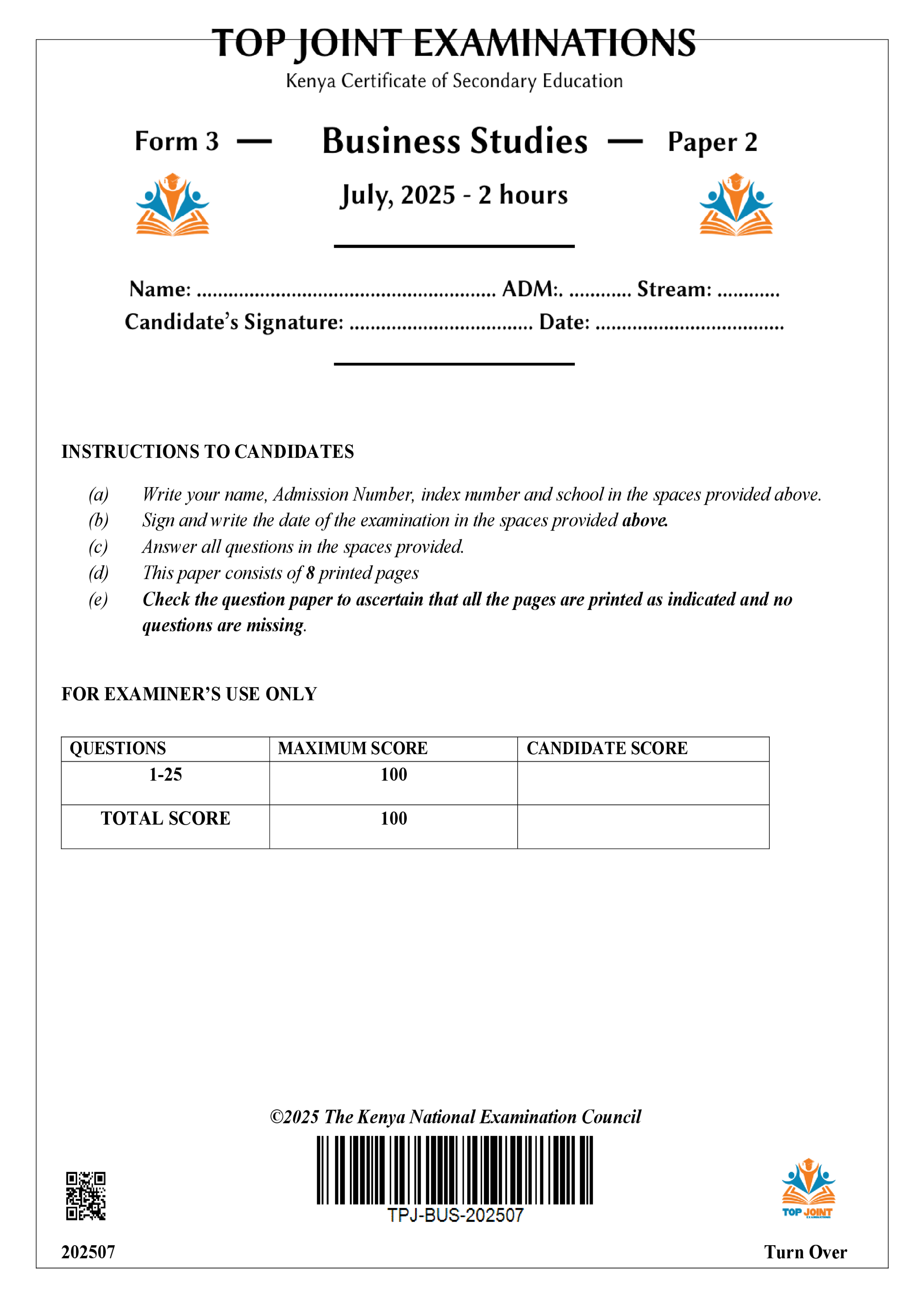 BUSINESS STUDIES FORM 3 PAPER 2 END TERM 2 2025