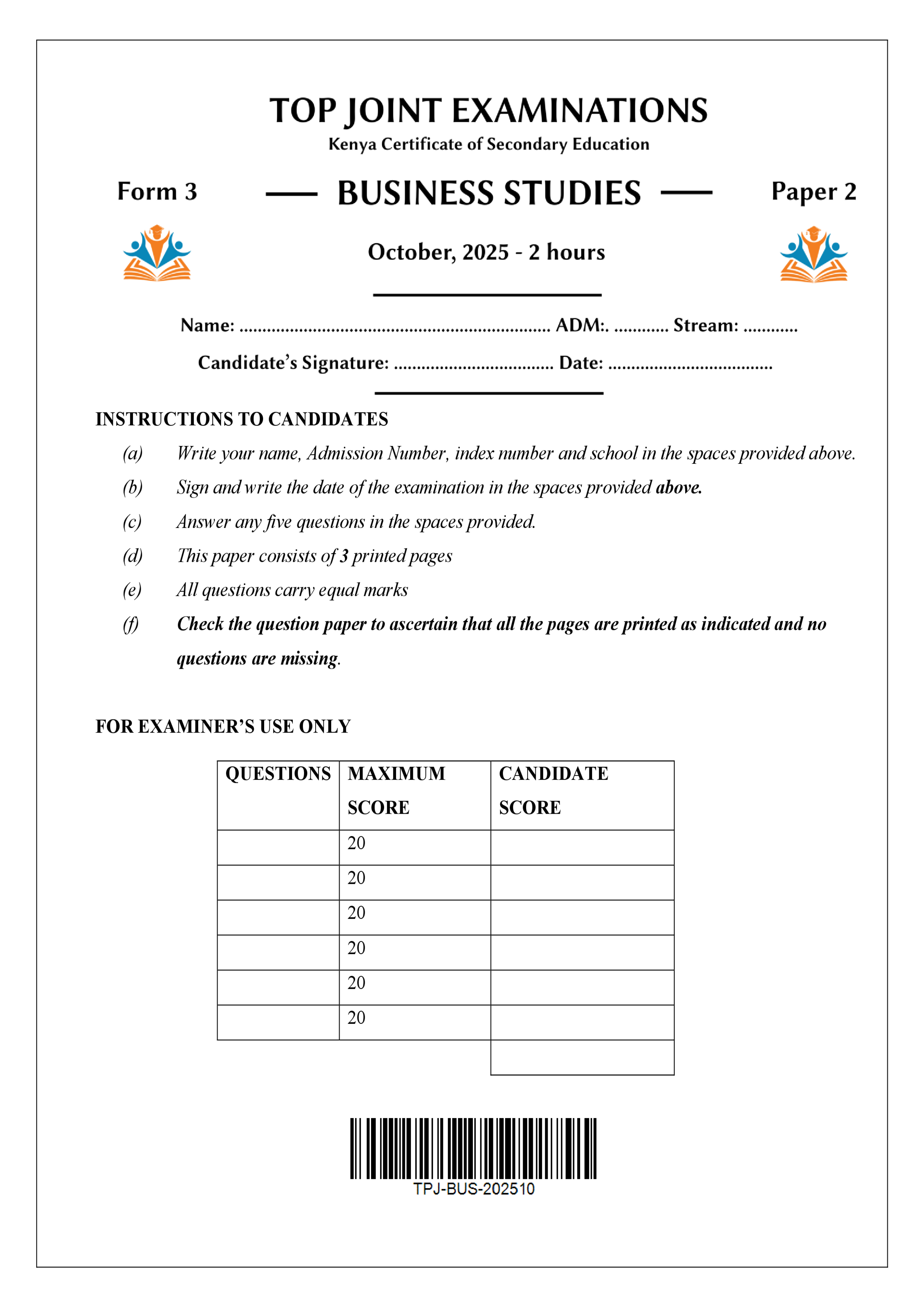 BUSINESS STUDIES FORM 3 PAPER 2 END TERM 3 2025