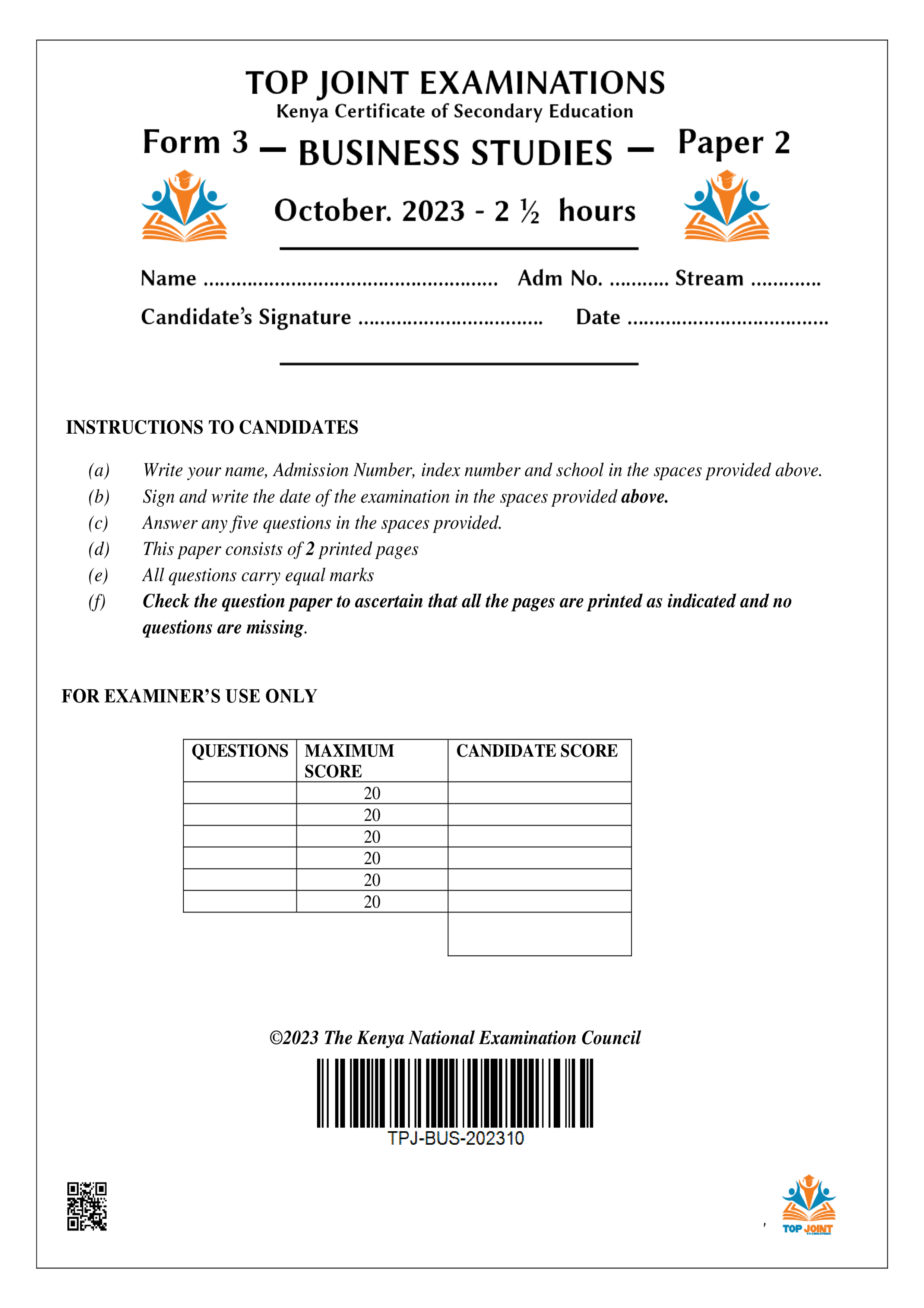 BUSINESS STUDIES FORM 3 PAPER 2 END TERM 3 2023