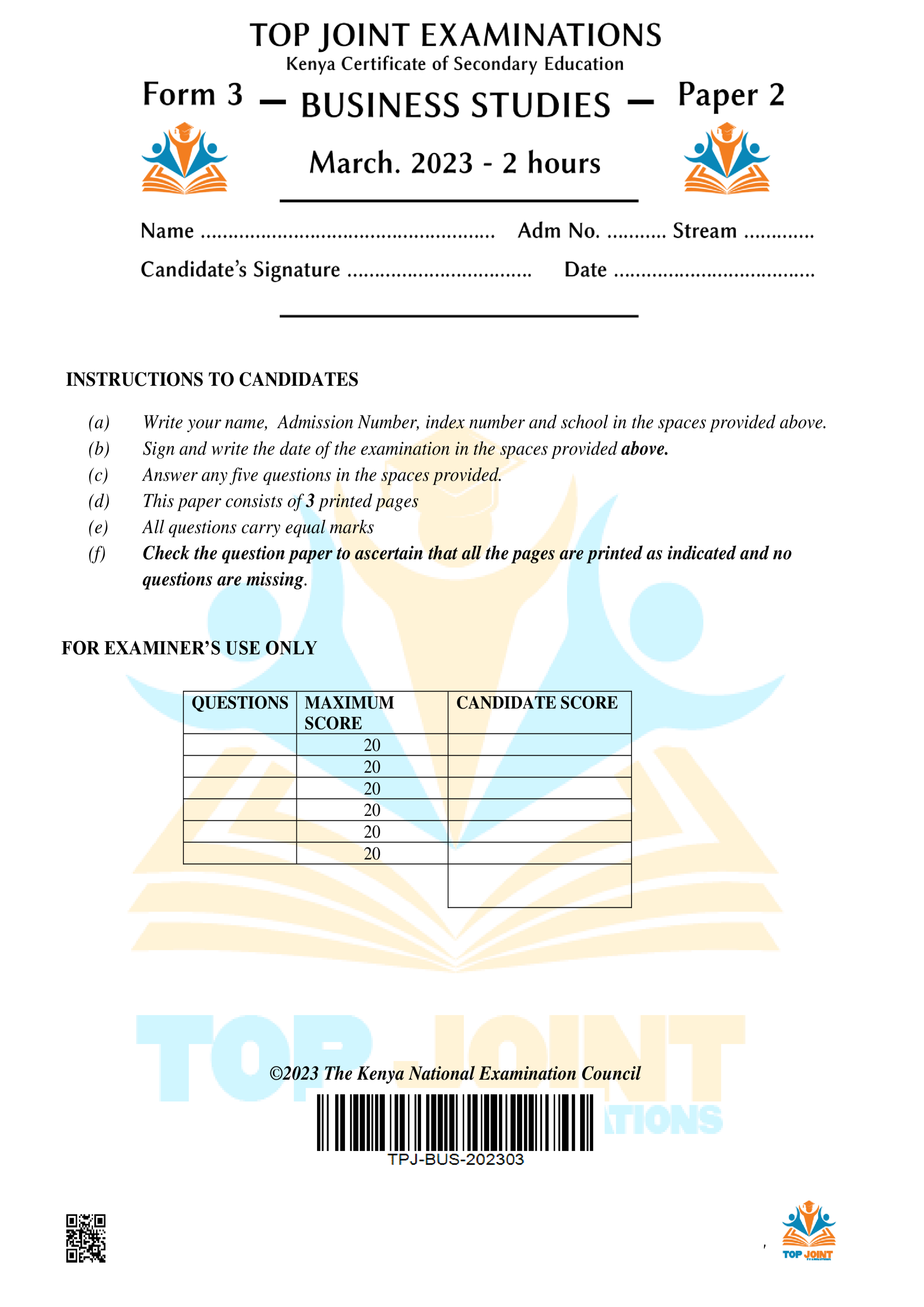 BUSINESS STUDIES FORM 3 MID TERM 1 2023