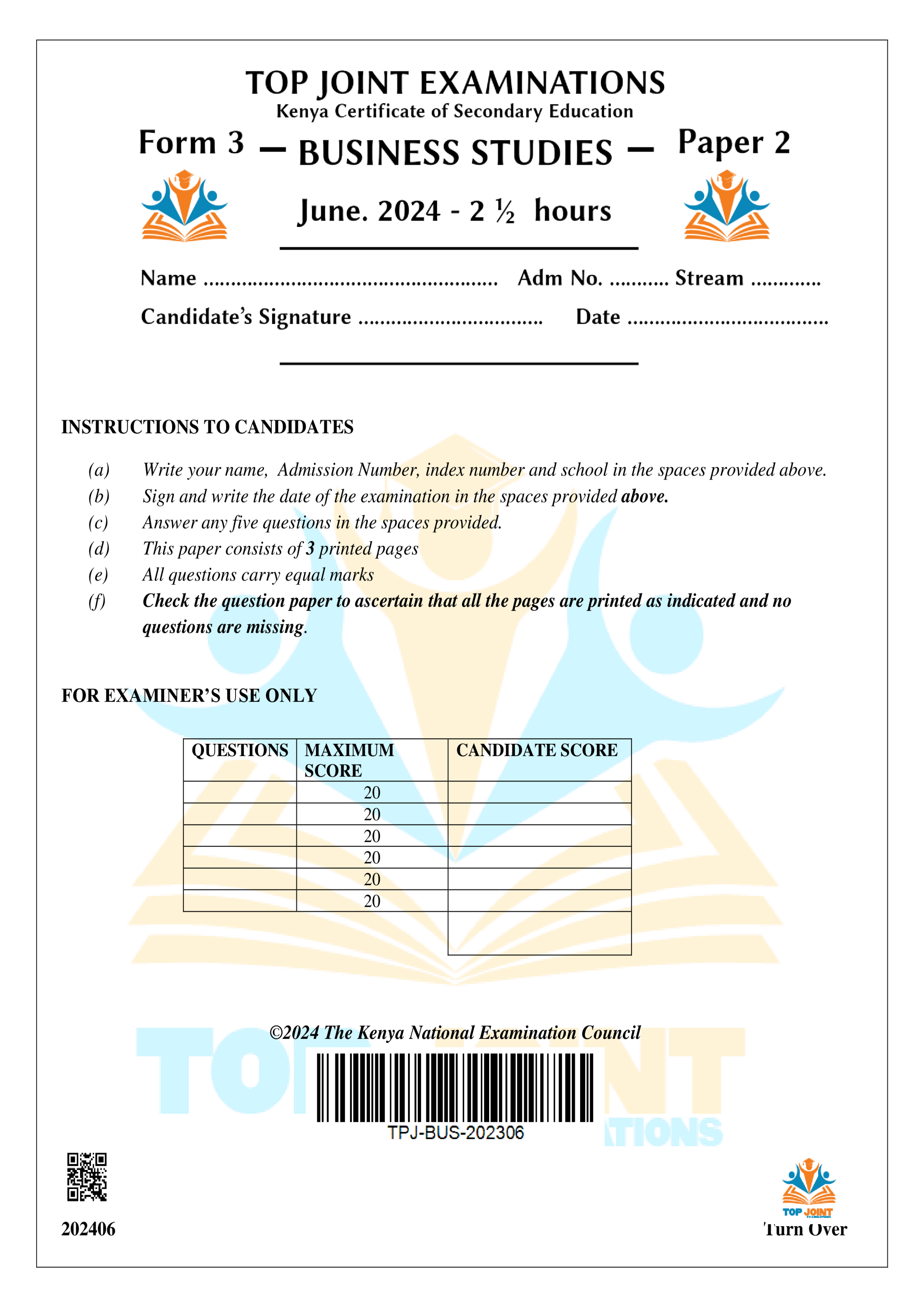 BUSINESS STUDIES FORM 3 PAPER 2 MID TERM 2 2024