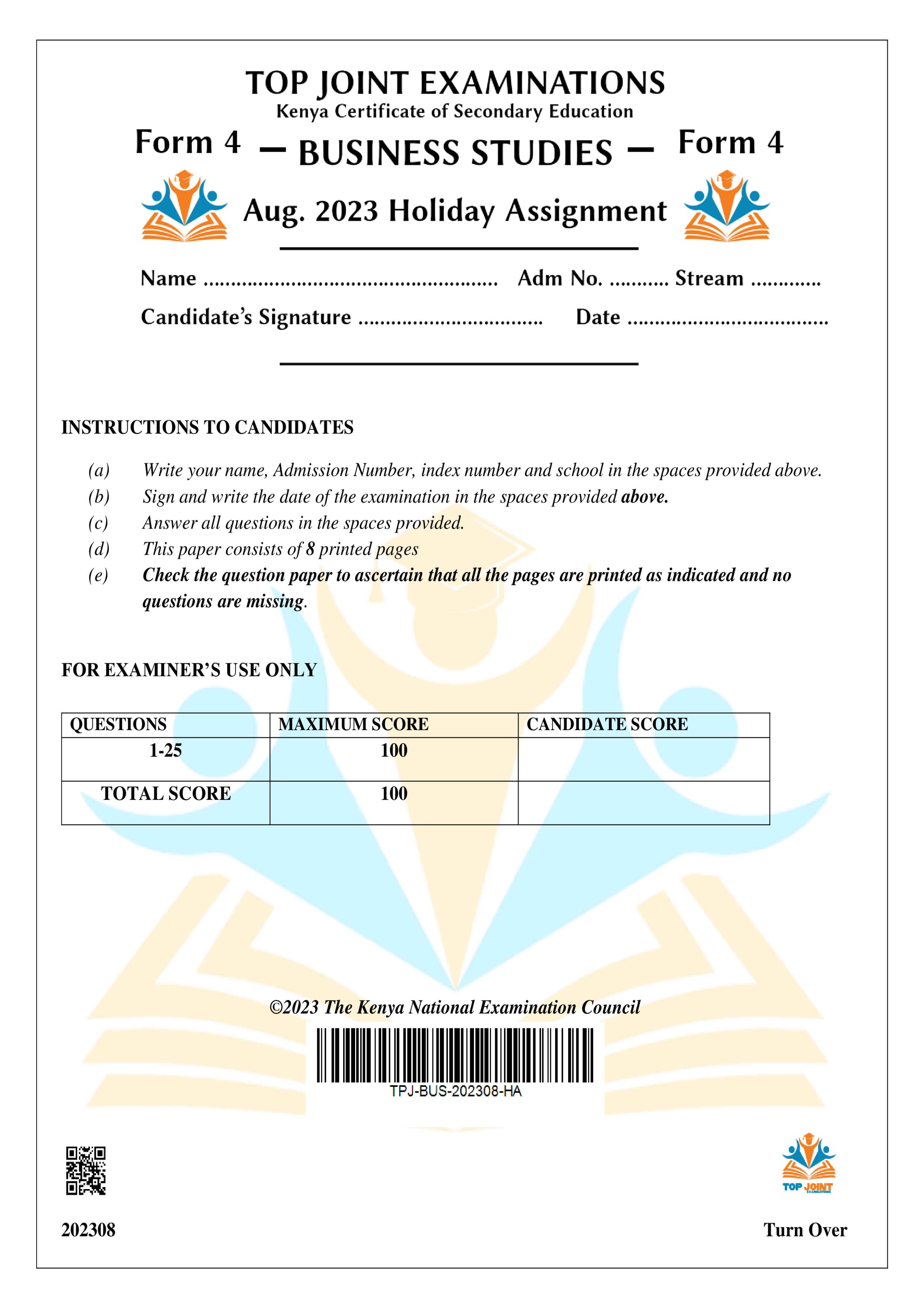 BUSINESS STUDIES FORM 4 AUGUST 2023 HOLIDAY ASSIGNMENT