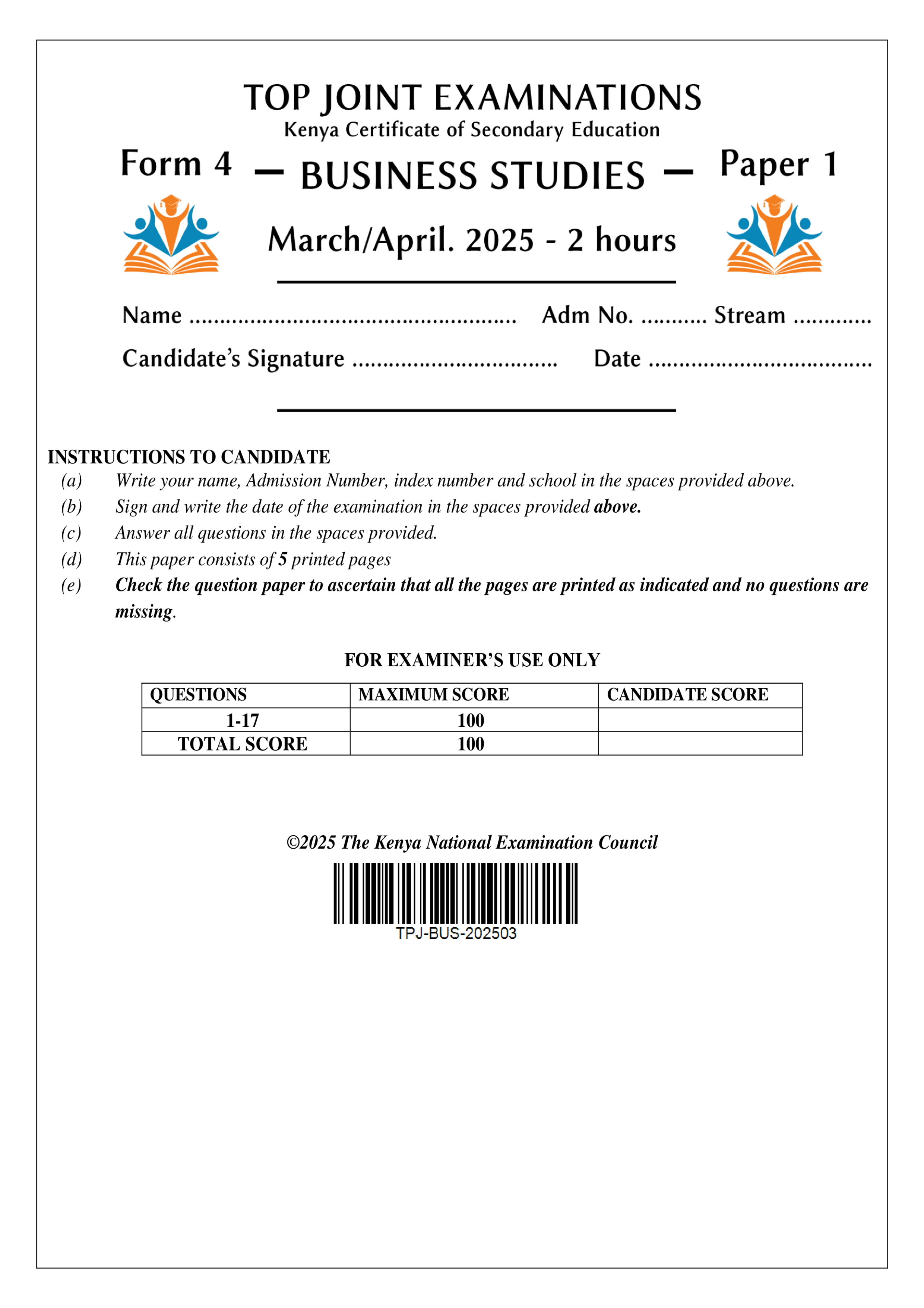 BUSINESS STUDIES FORM 4 PAPER 1 END TERM 1 2025