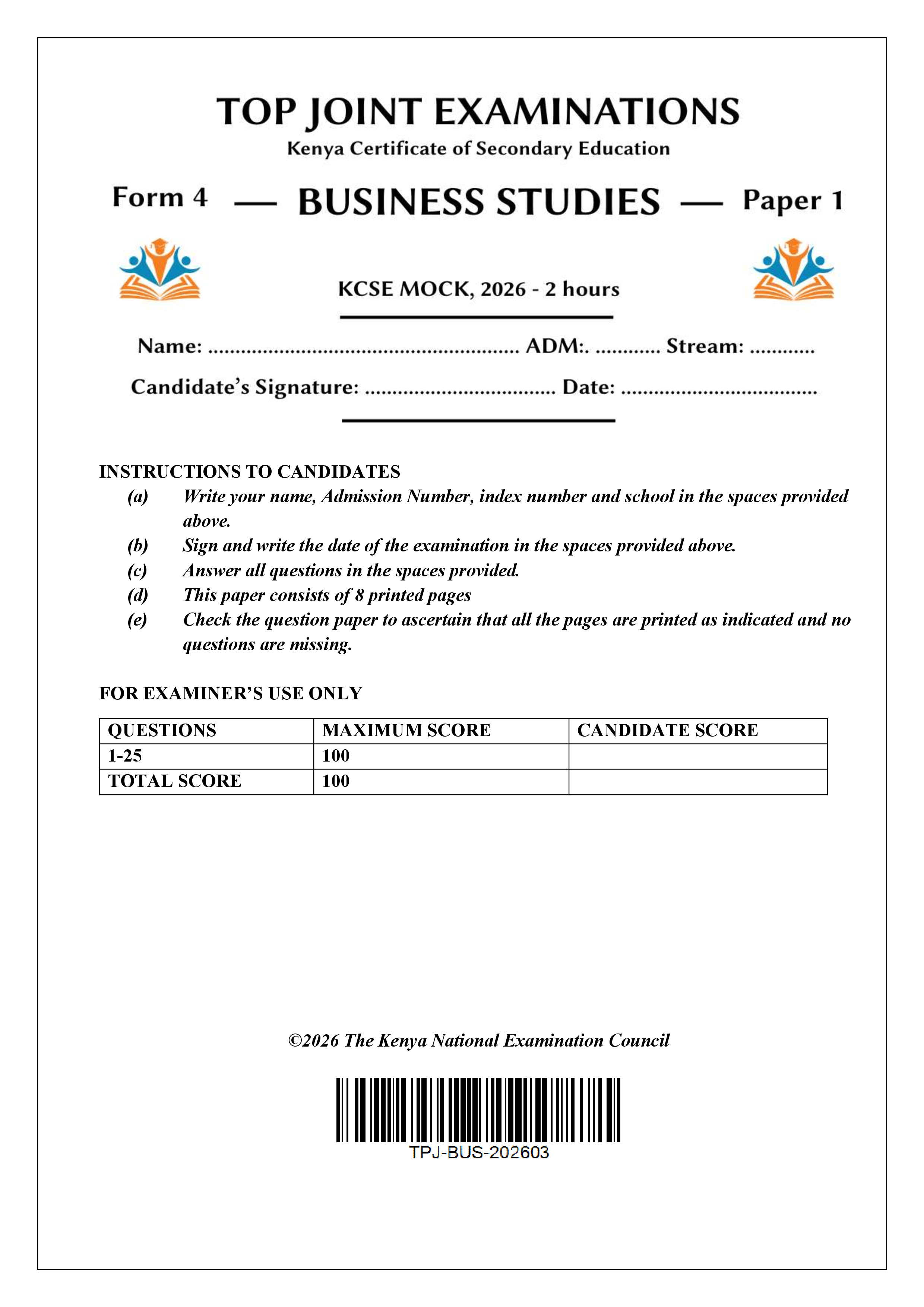 BUSINESS STUDIES FORM 4 PAPER 1 END TERM 1 2026
