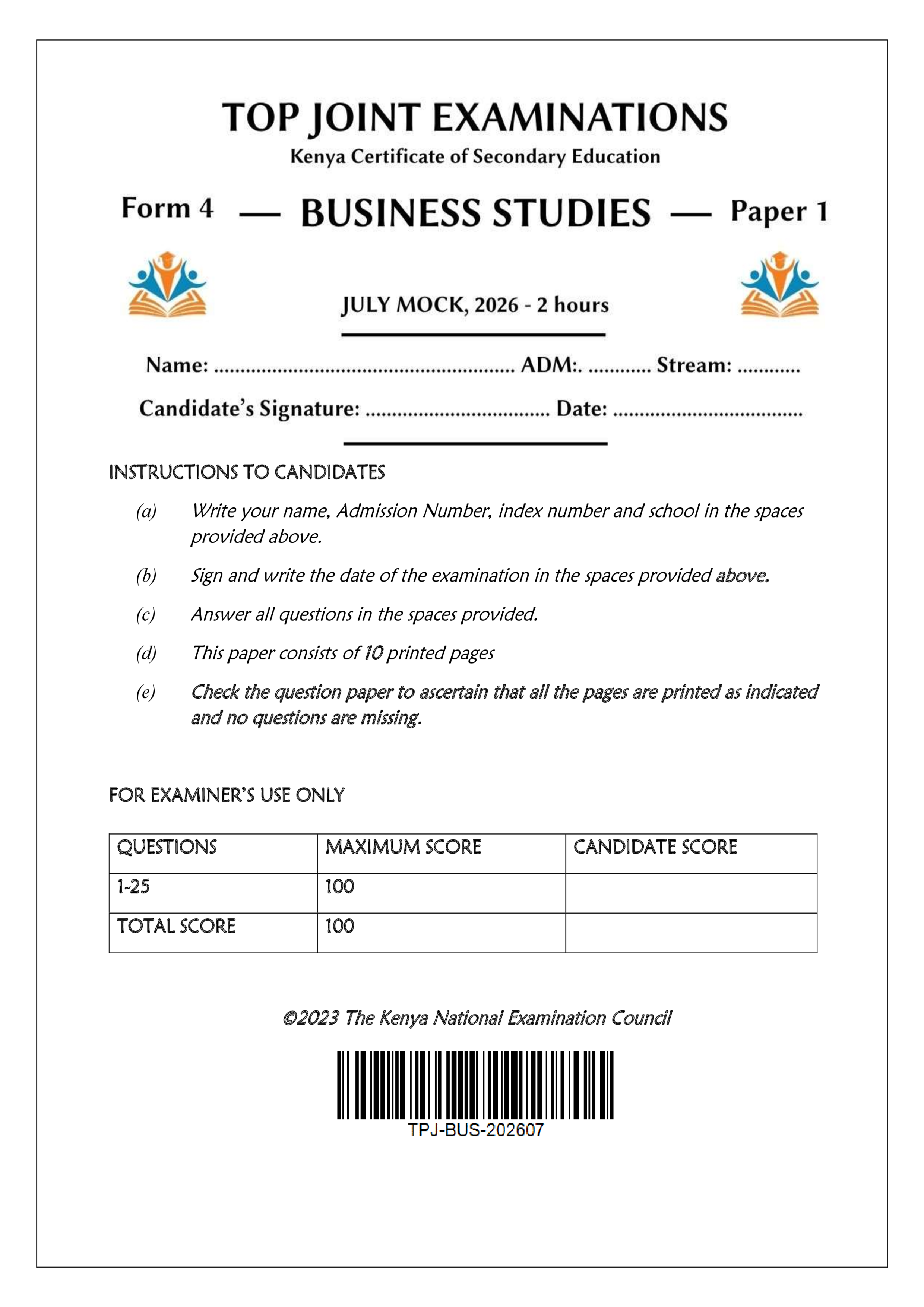 BUSINESS STUDIES FORM 4 PAPER 1 END TERM 2 2026