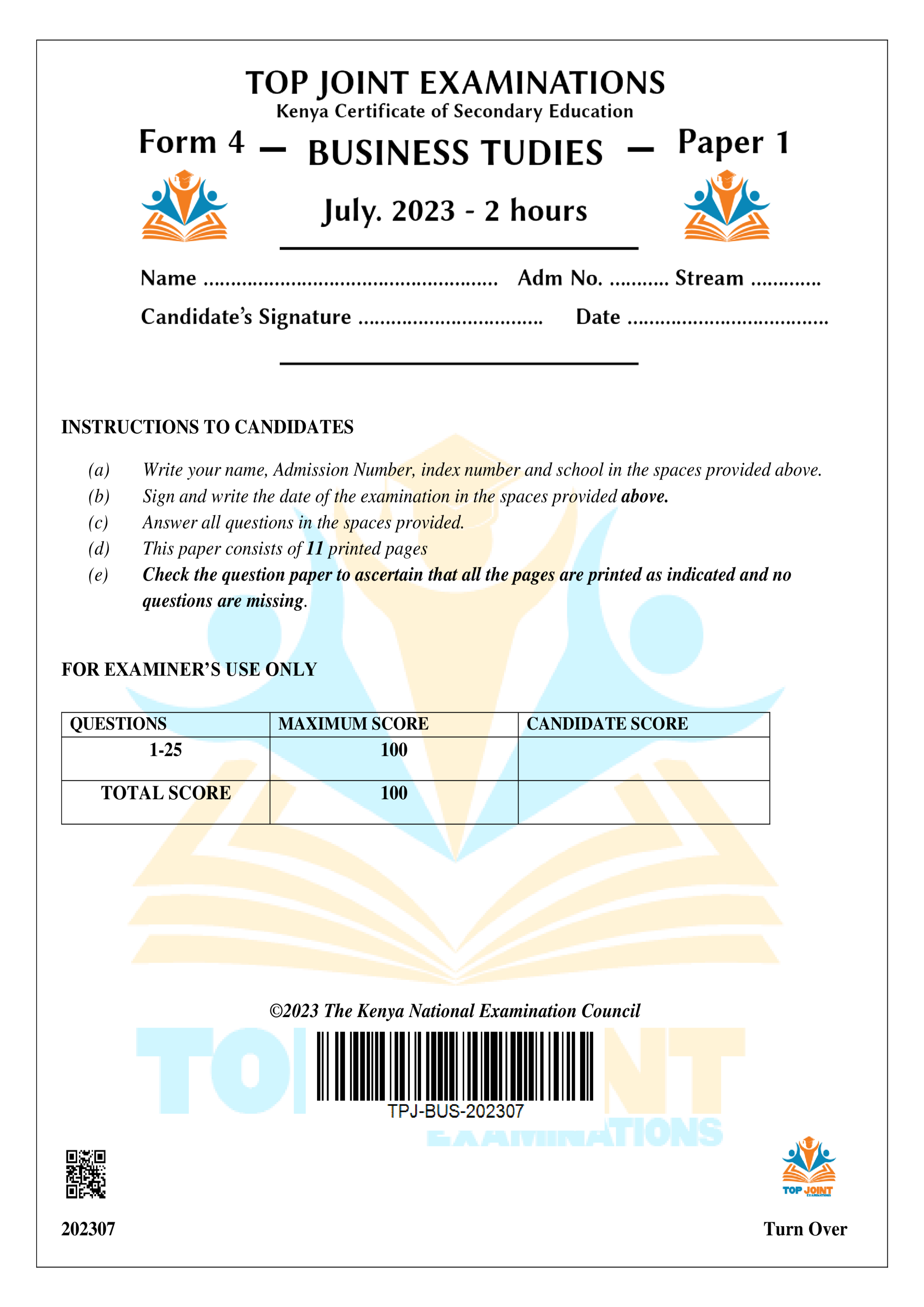 BUSINESS STUDIES FORM 4 PAPER 1 KCSE MOCK 2023