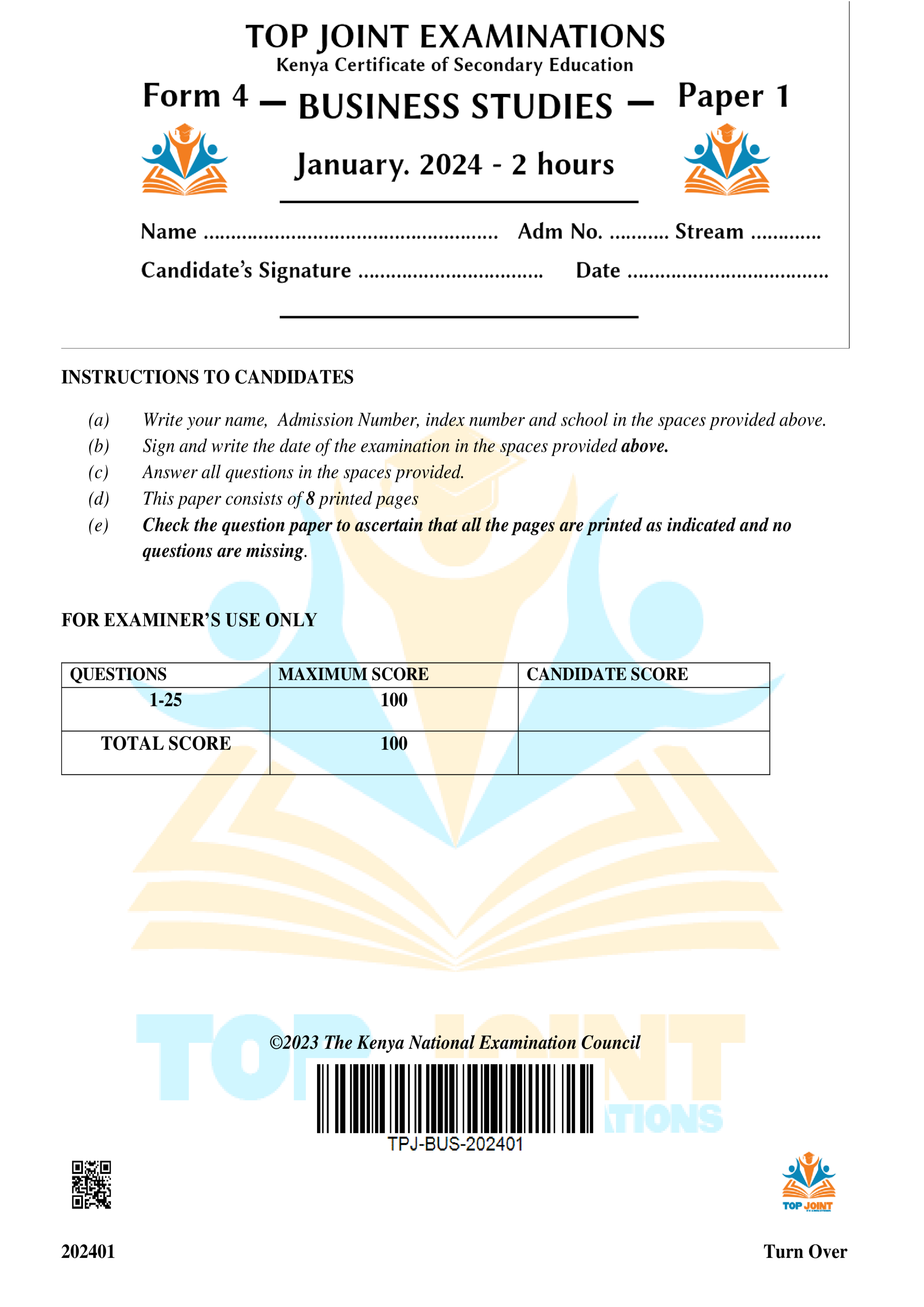 BUSINESS STUDIES FORM 4 JANUARY OPENER TERM 1 2024