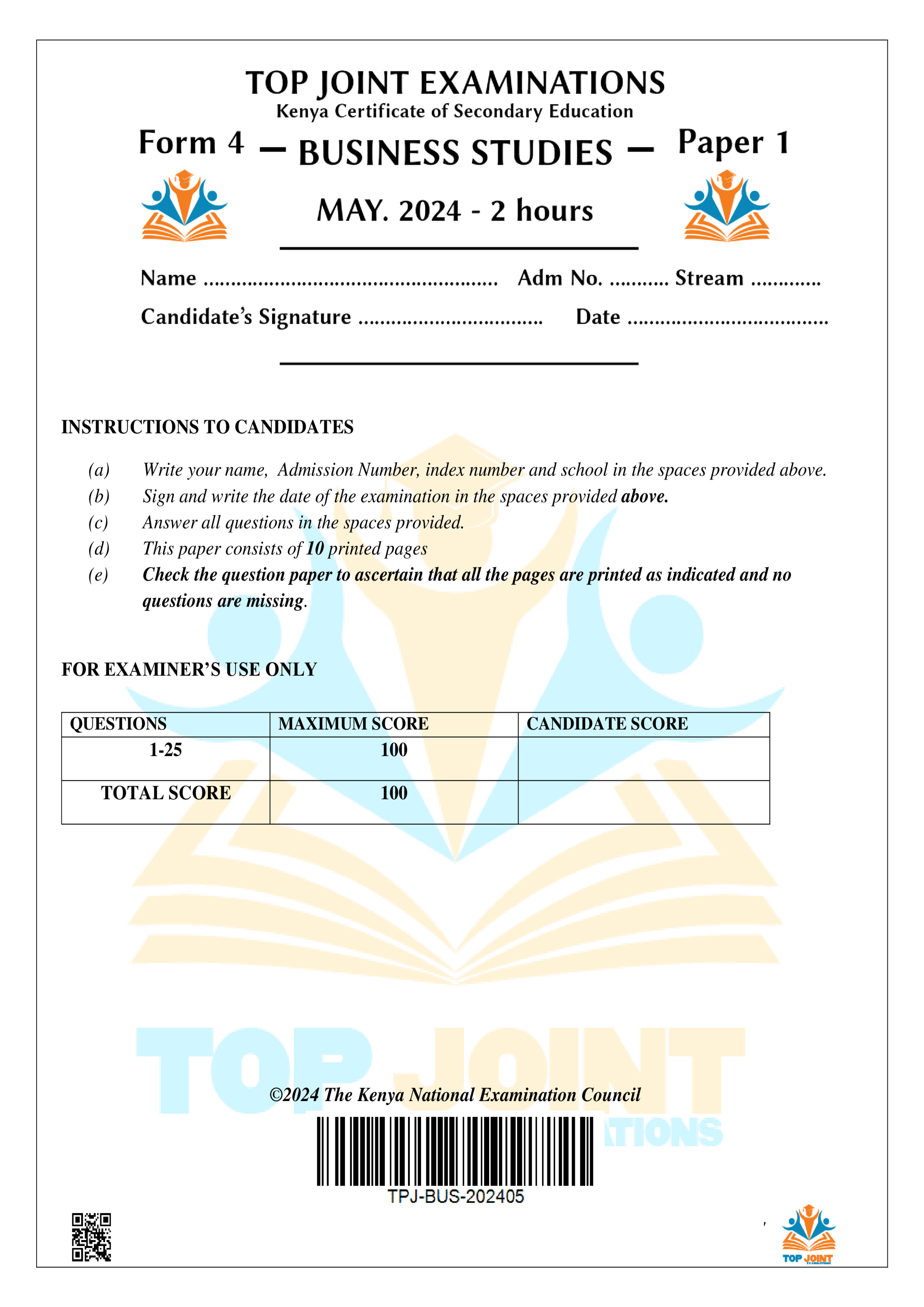 BUSINESS STUDIES FORM 4 PAPER 1 OPENER TERM 2 2024