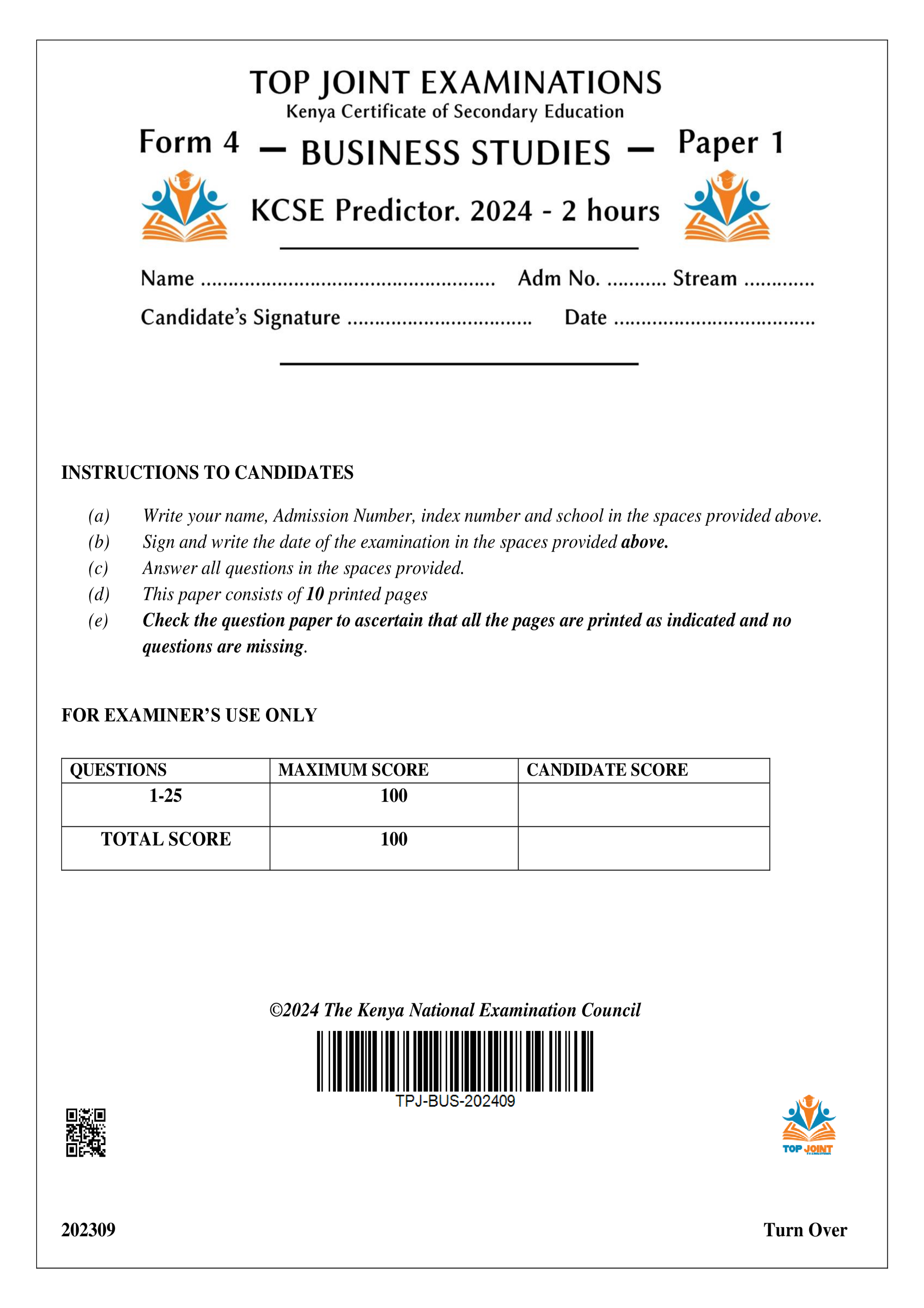 BUSINESS STUDIES FORM 4 PAPER 1 SERIES 1 TERM 3 2024