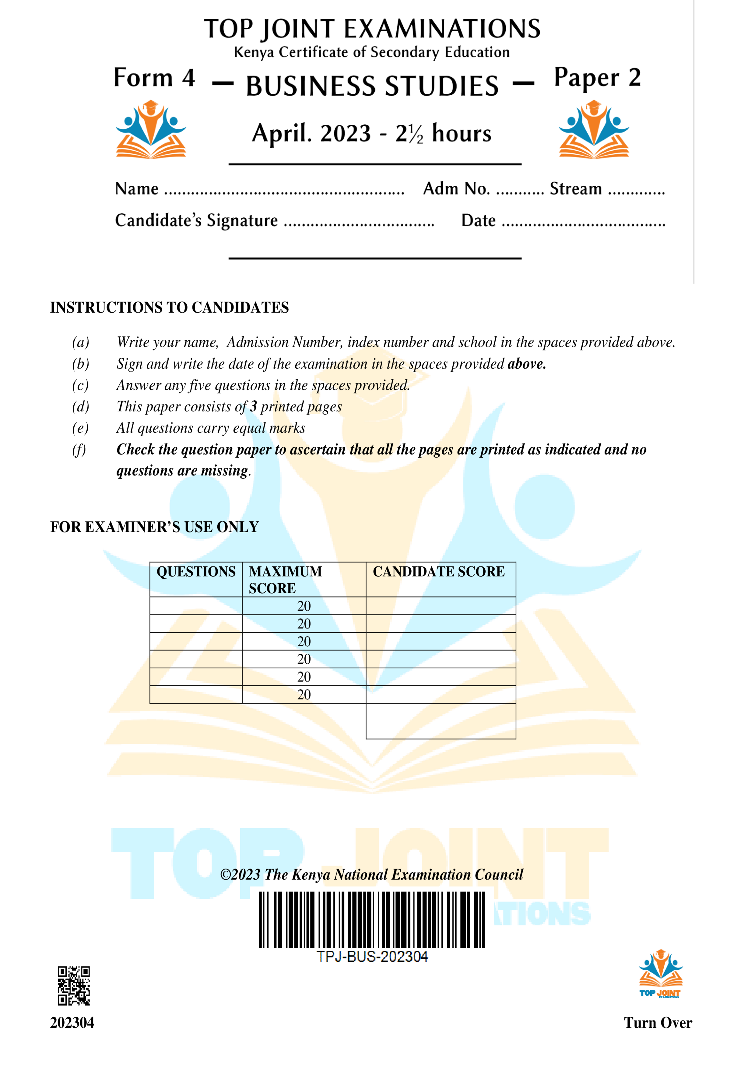 BUSINESS STUDIES FORM 4 PAPER 2 END TERM 1 2023