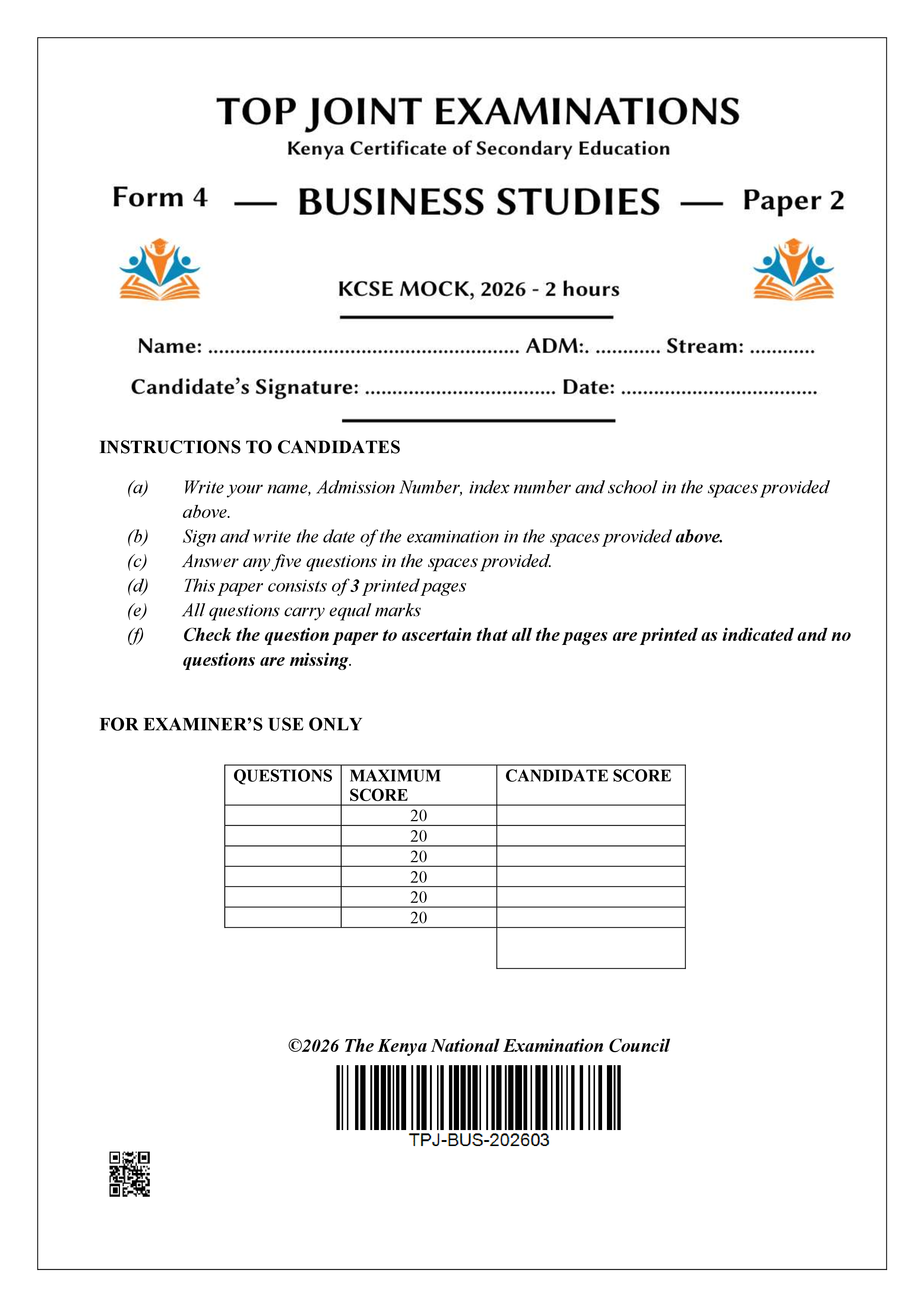 BUSINESS STUDIES FORM 4 PAPER 2 END TERM 1 2026