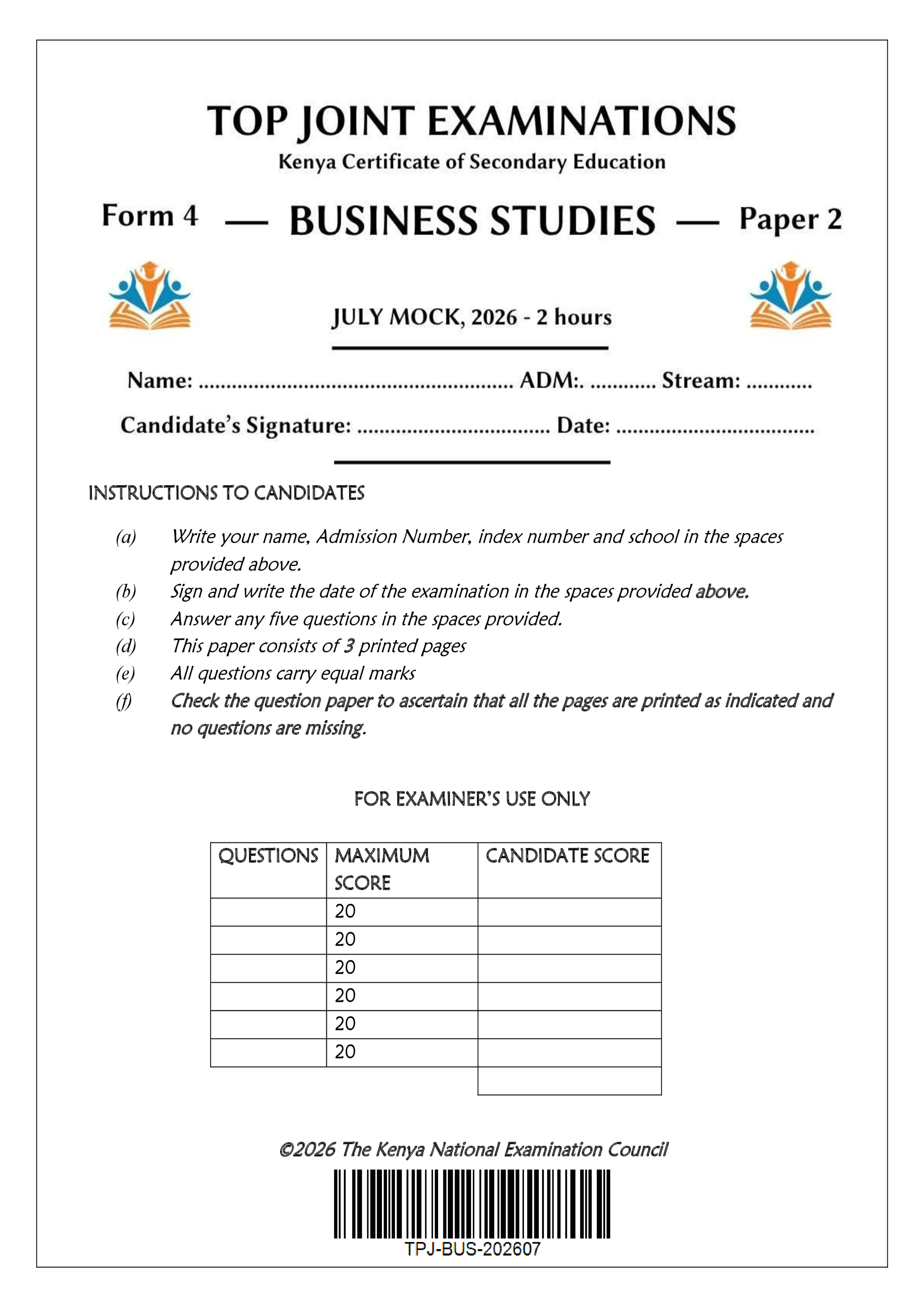 BUSINESS STUDIES FORM 4 PAPER 2 END TERM 2 2026