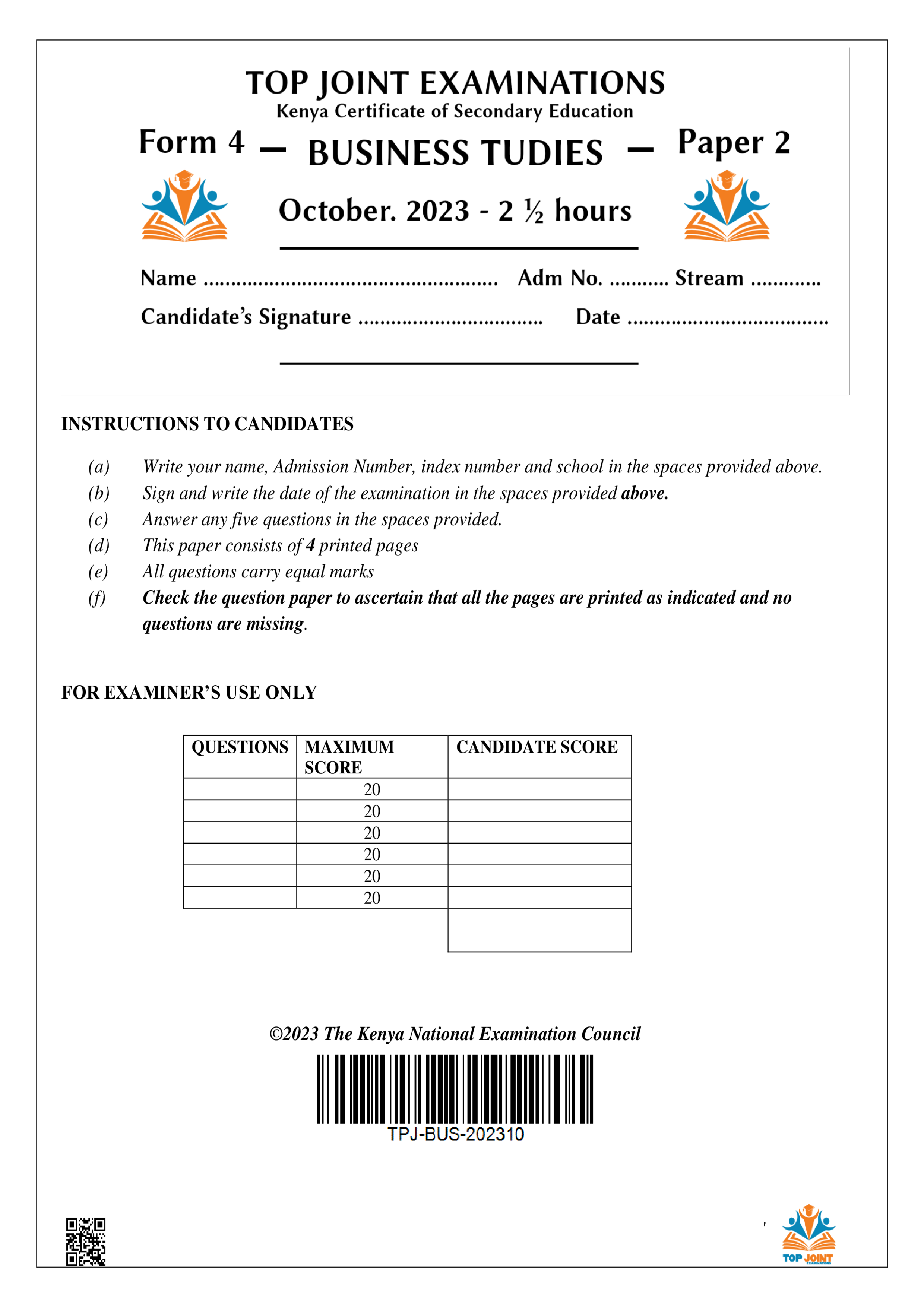 BUSINESS STUDIES FORM 4 PAPER 2 PRE-KCSE 2023