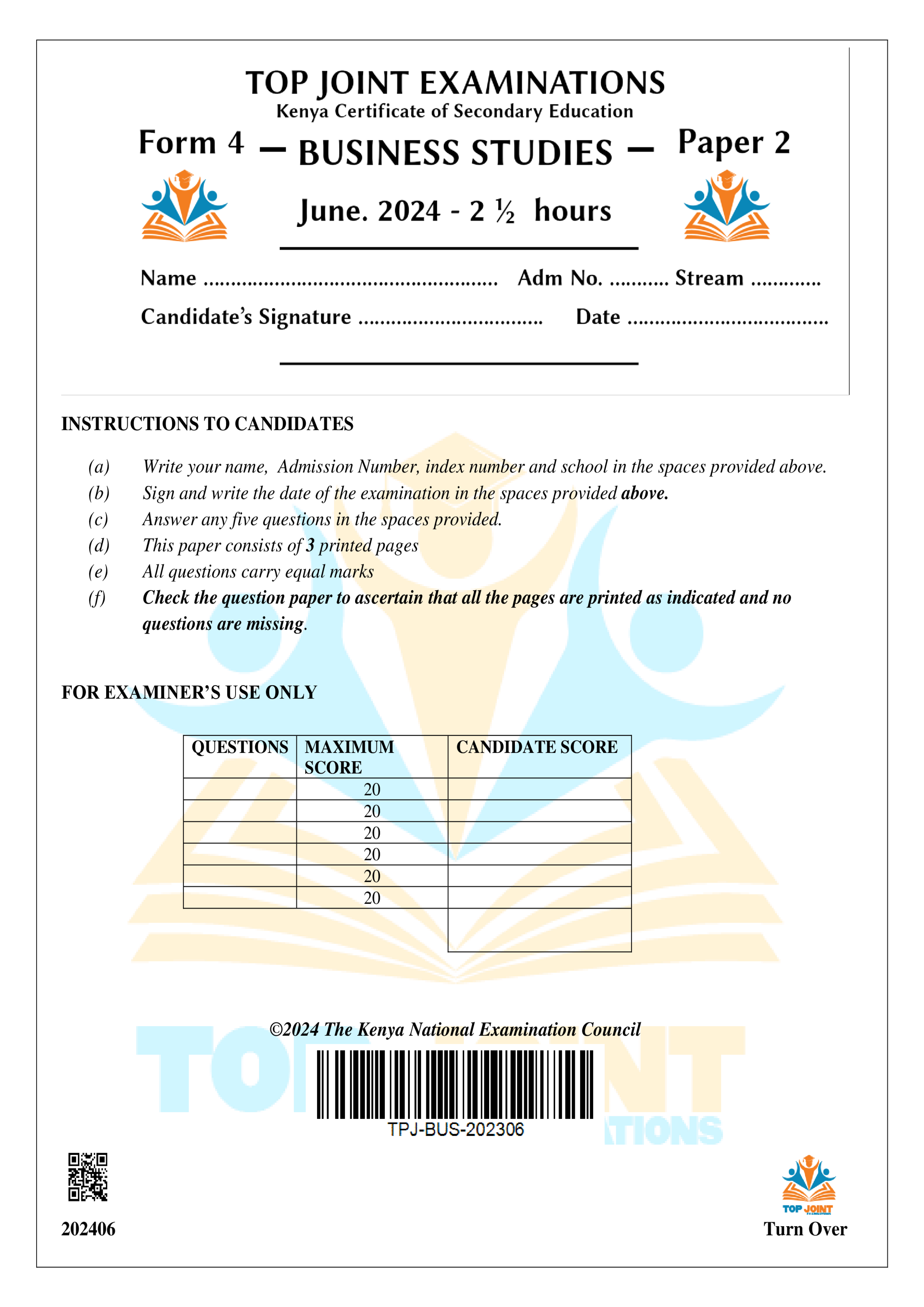 BUSINESS STUDIES FORM 4 PAPER 2 MID TERM 2 2024