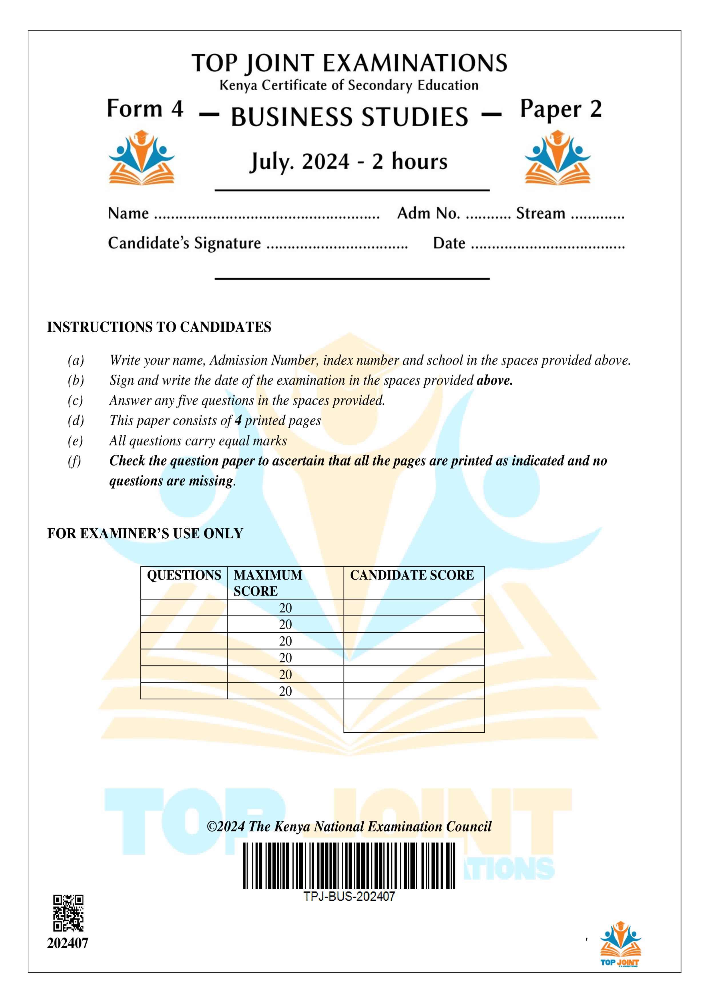 BUSINESS STUDIES FORM 4 PAPER 2 KCSE MOCK 2024