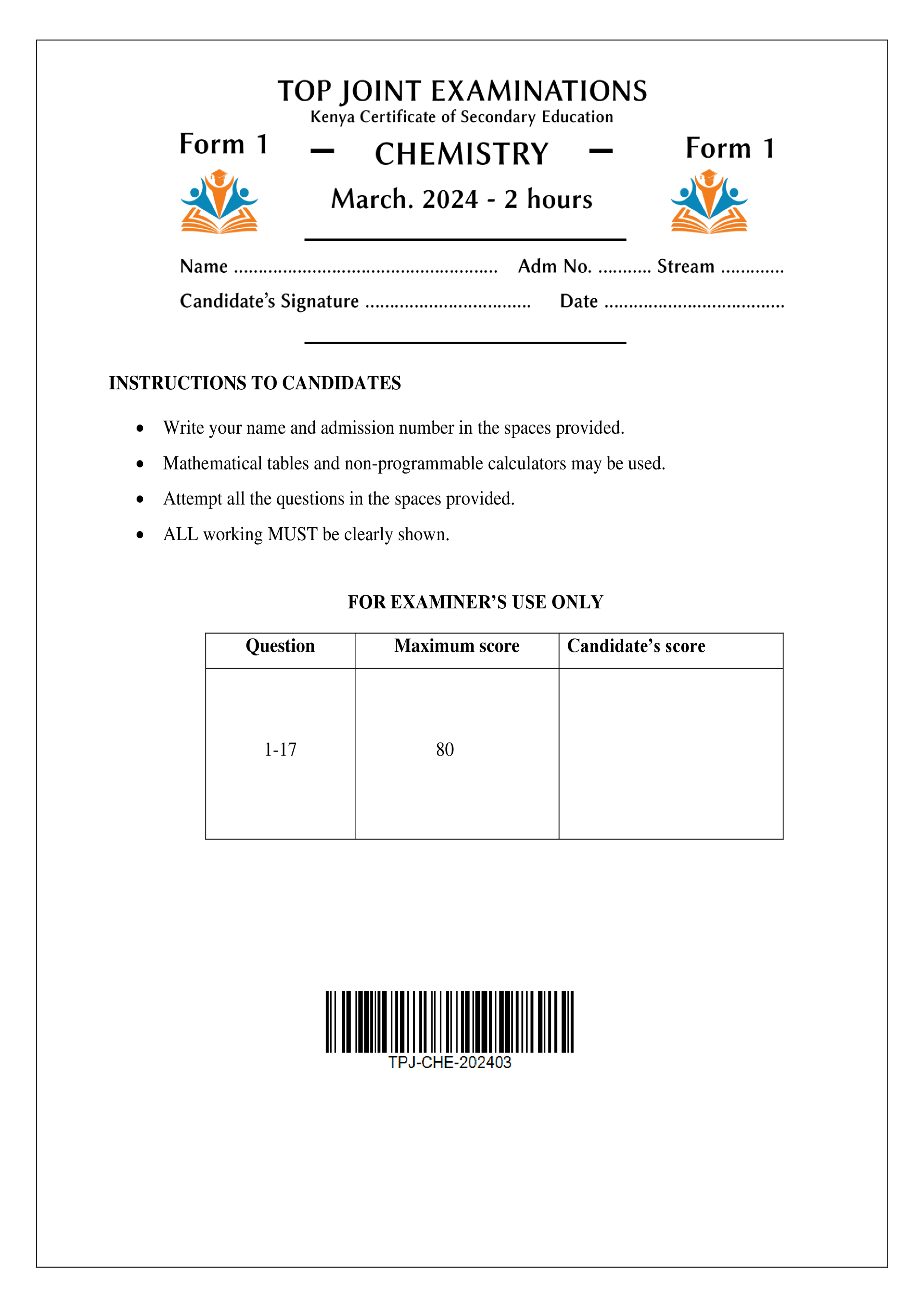 CHEMISTRY FORM 1 END TERM 1 2024
