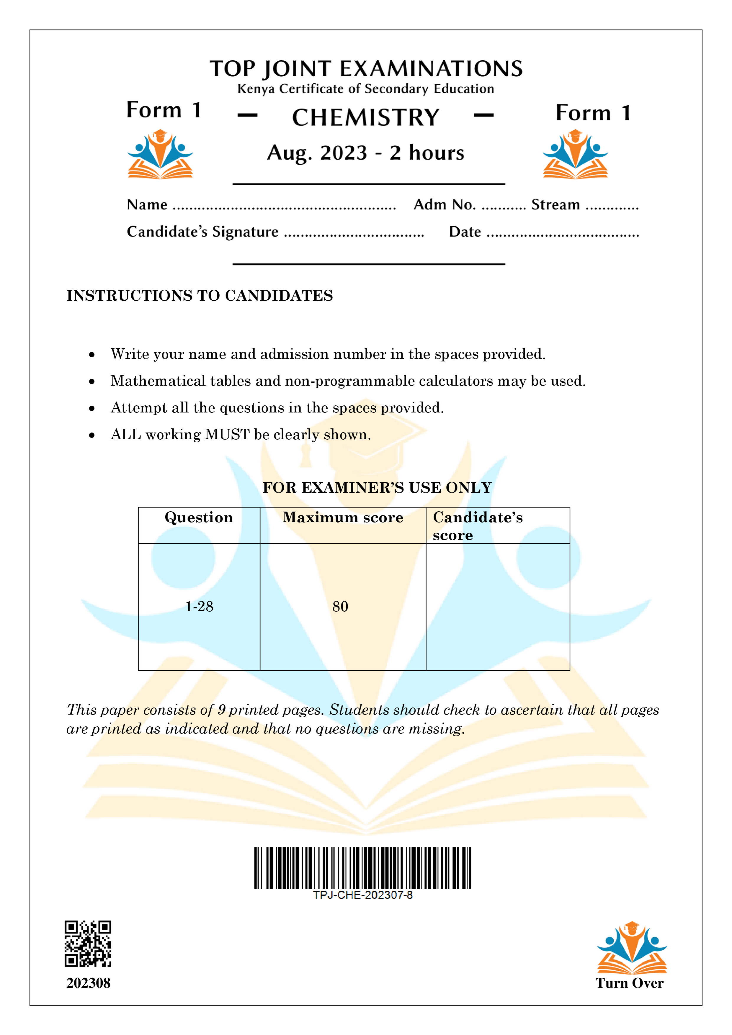 CHEMISTRY FORM 1 END TERM 2 2023
