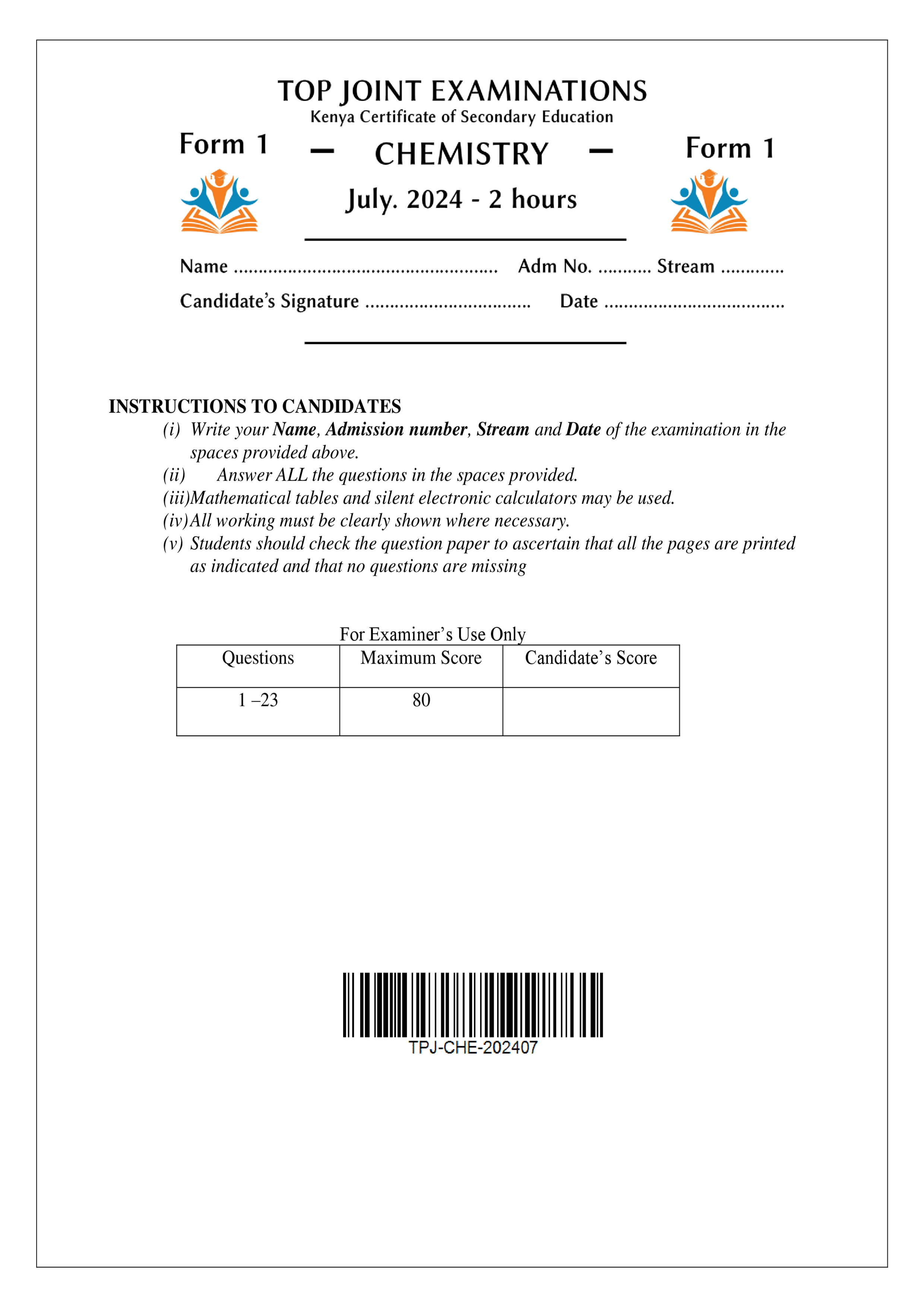 CHEMISTRY FORM 1 END TERM 2 2024