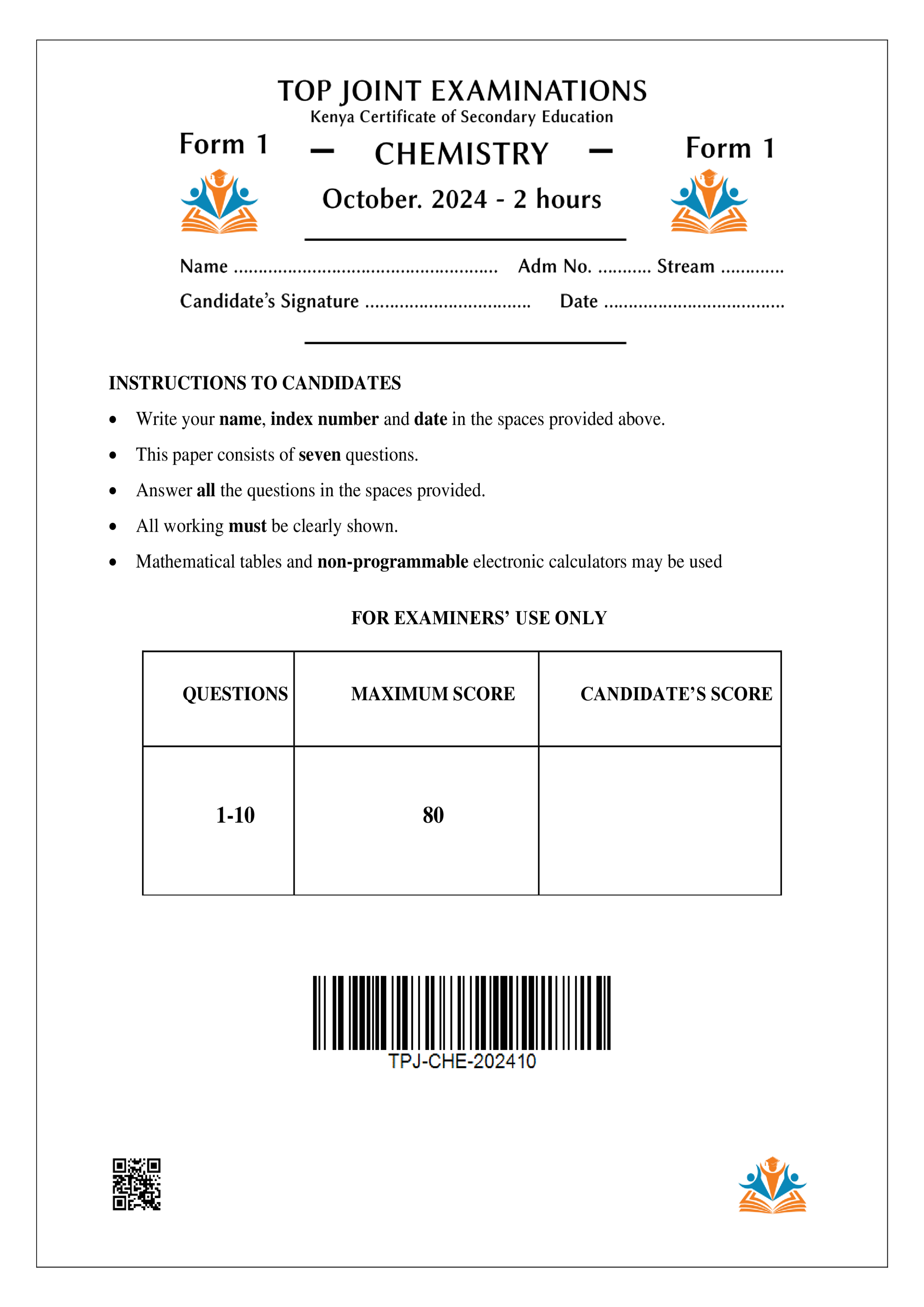 CHEMISTRY FORM 1 END TERM 3 2024
