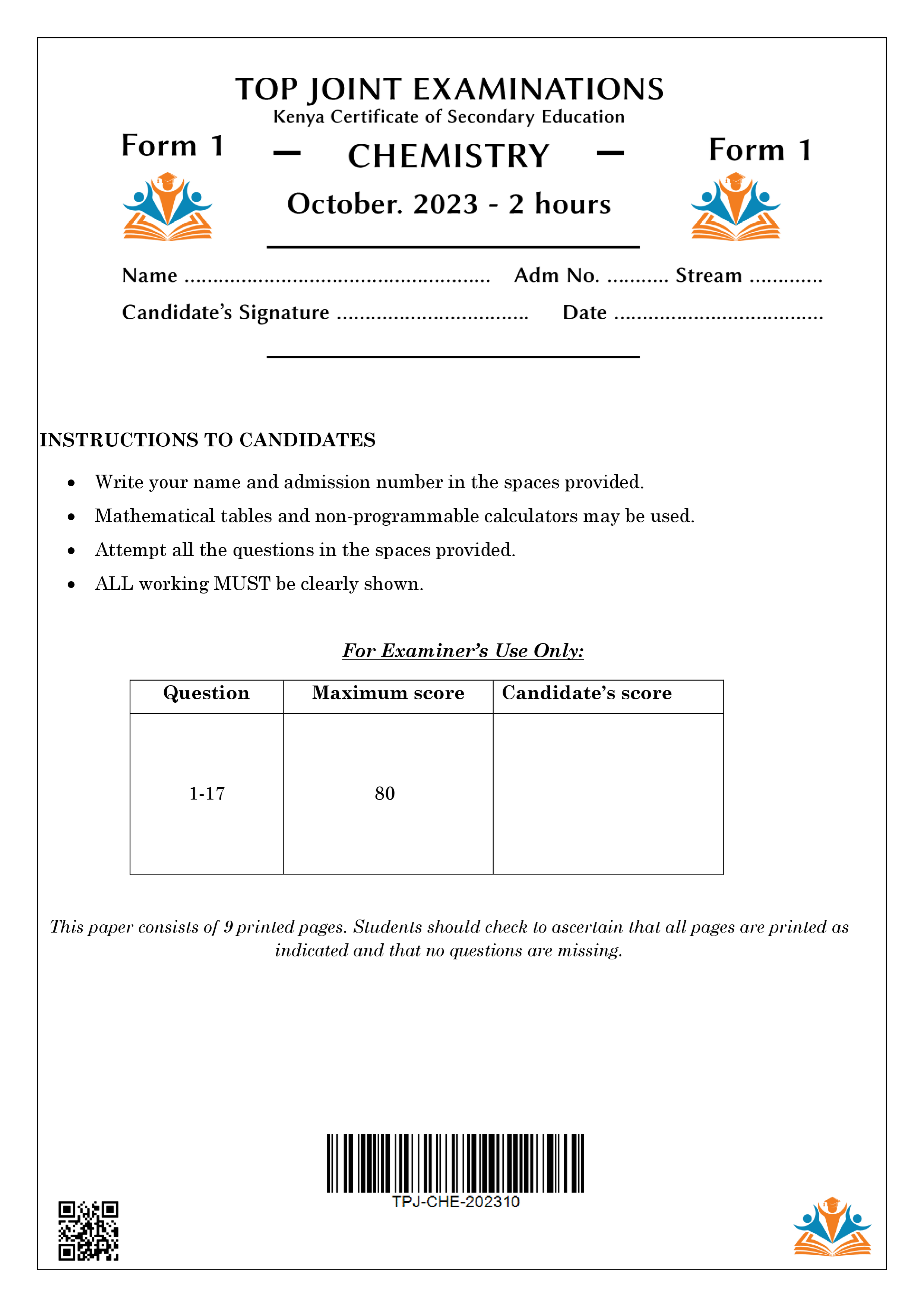 CHEMISTRY FORM 1 END TERM 3 2023