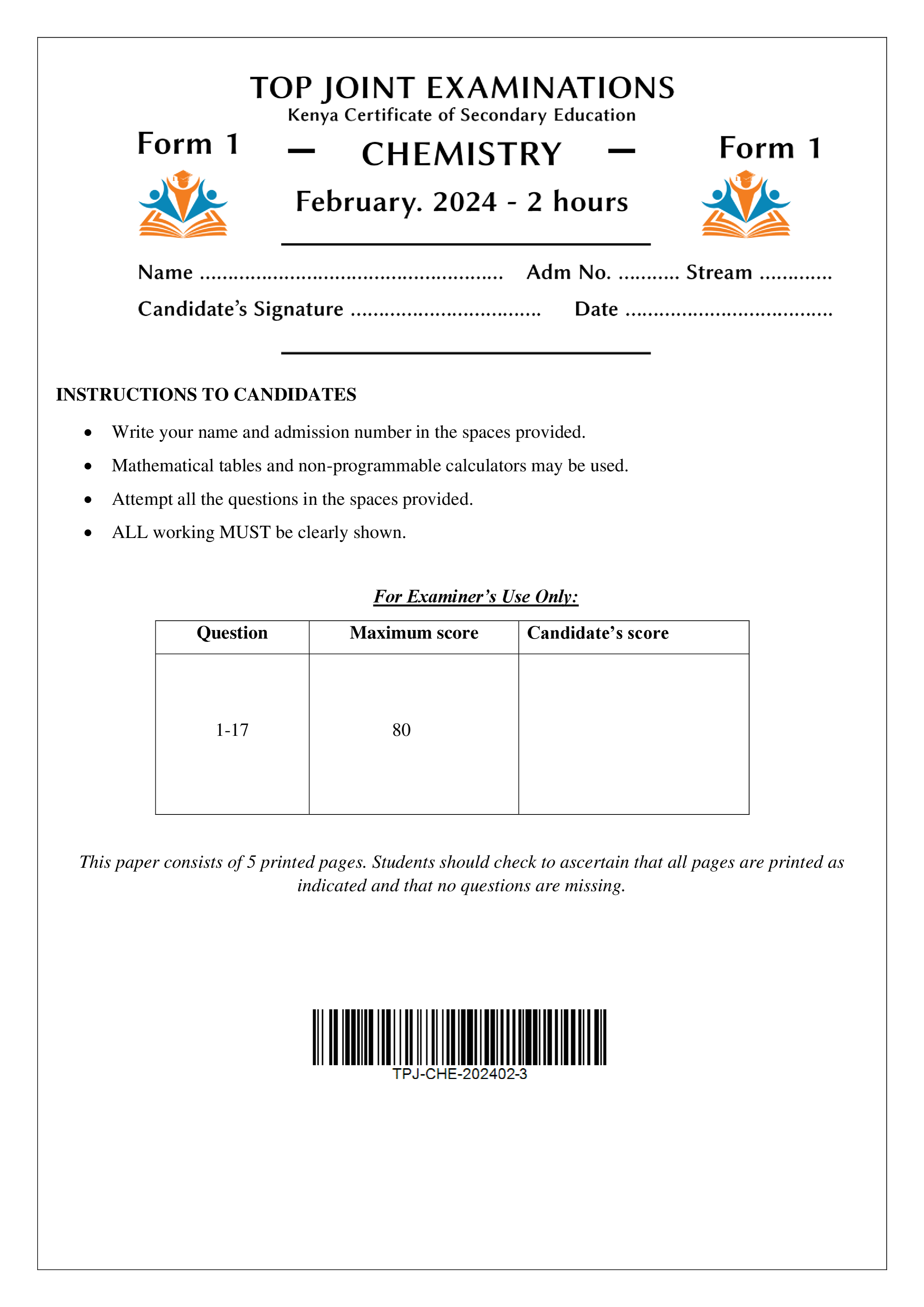 CHEMISTRY FORM 1 MID TERM 1 2024
