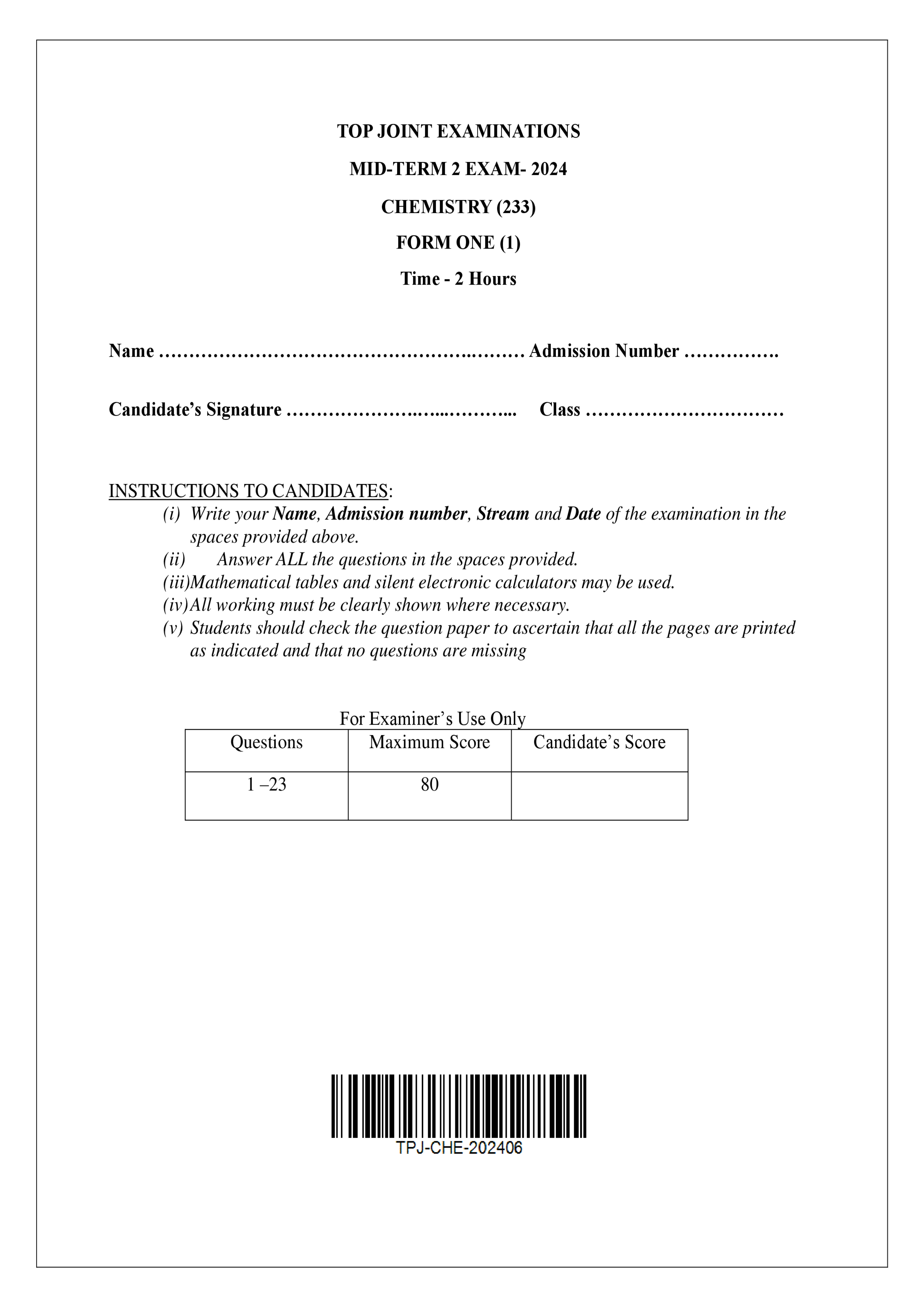 CHEMISTRY FORM 1 MID TERM 2 2024