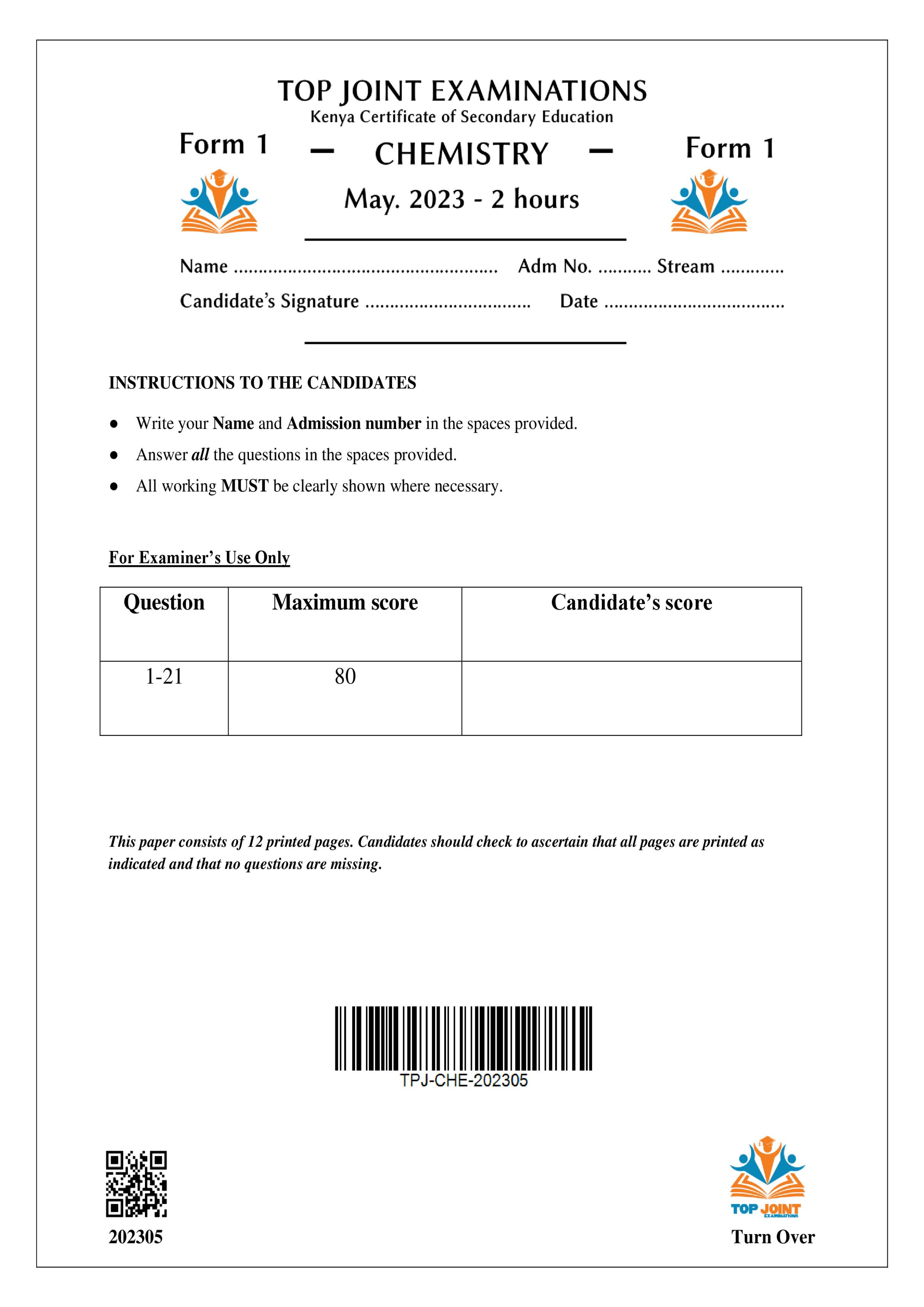 CHEMISTRY FORM 1 OPENER TERM 2 2023