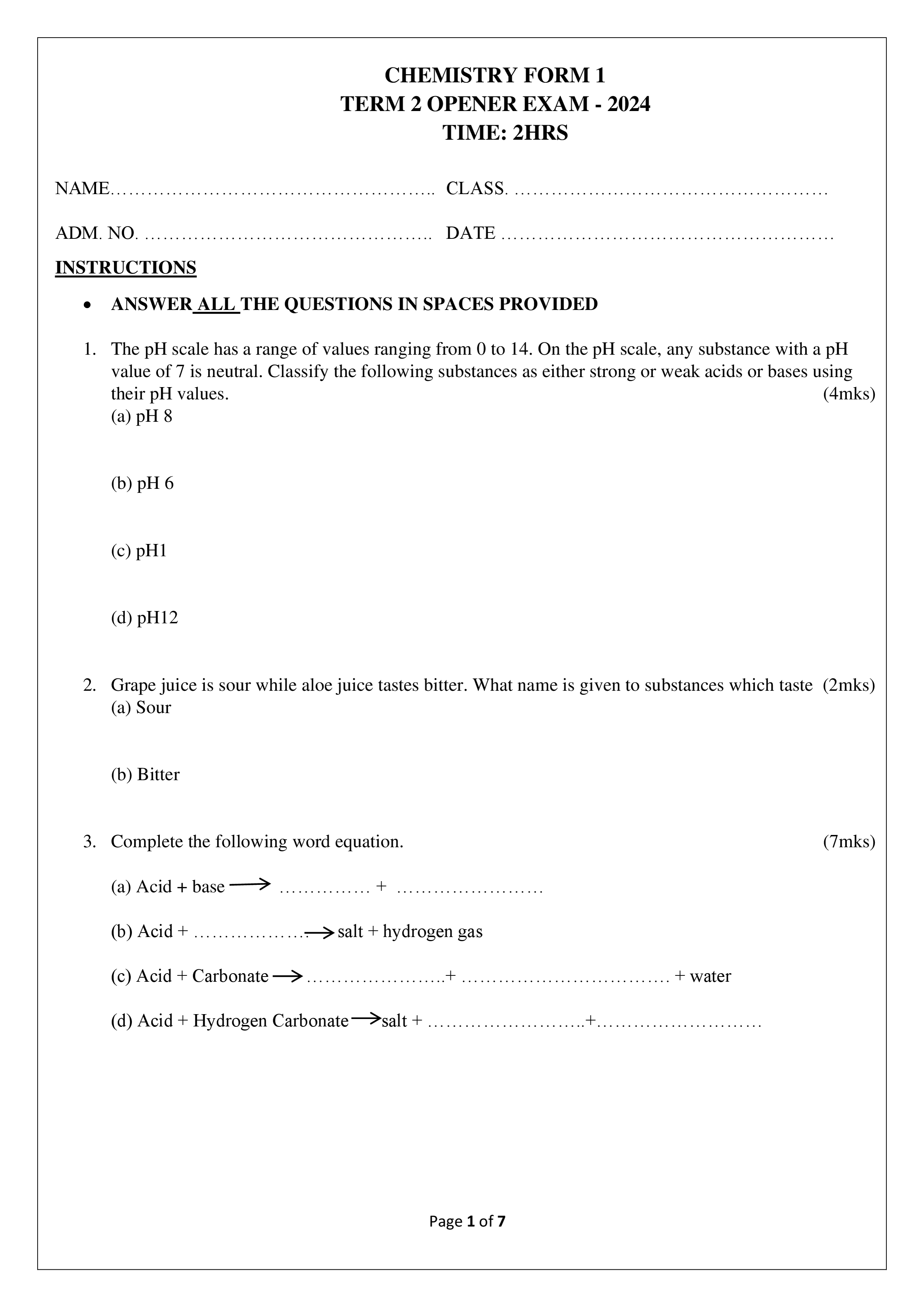 CHEMISTRY FORM 1 OPENER TERM 2 2024