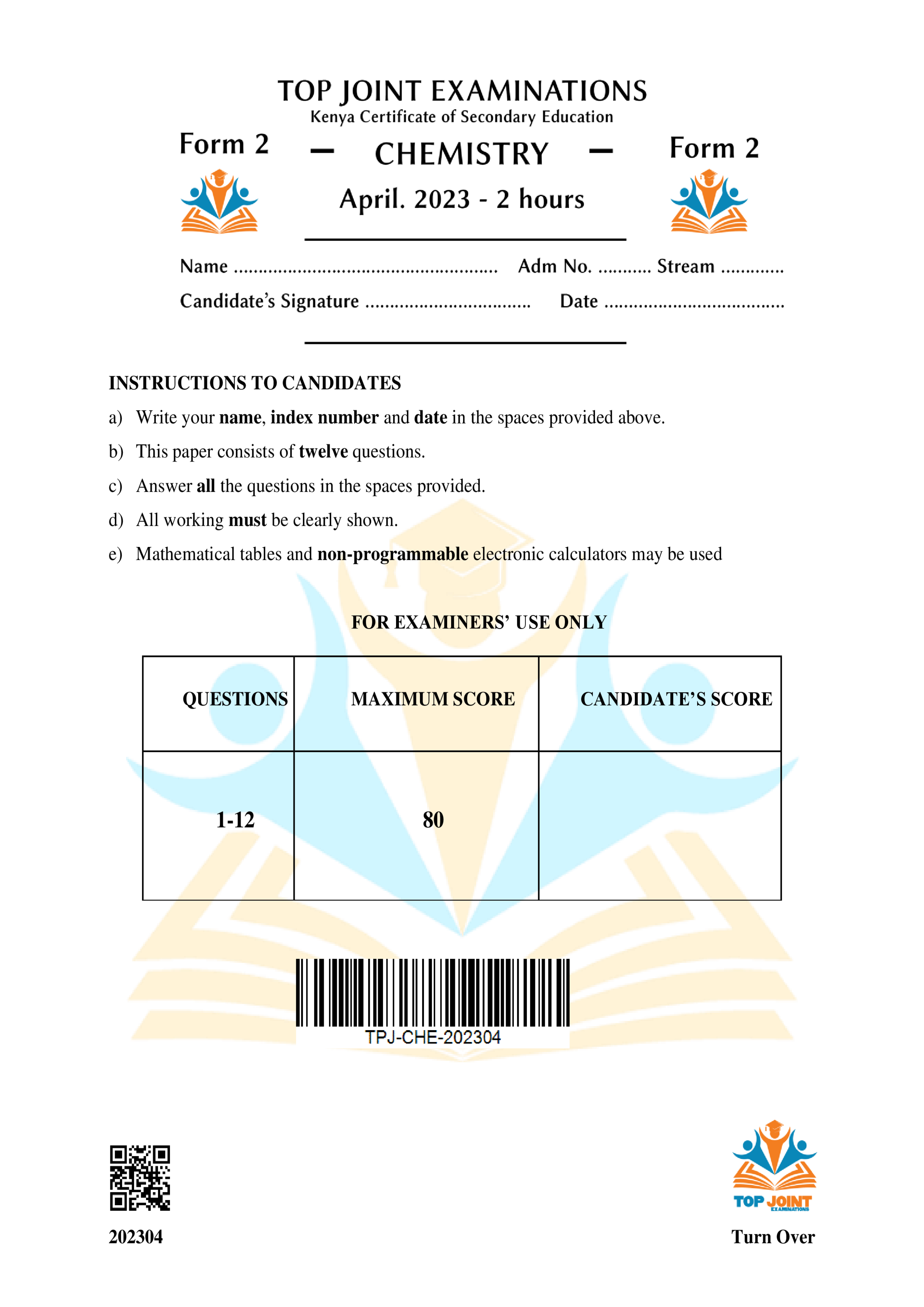 CHEMISTRY FORM 2 END TERM 1 2023
