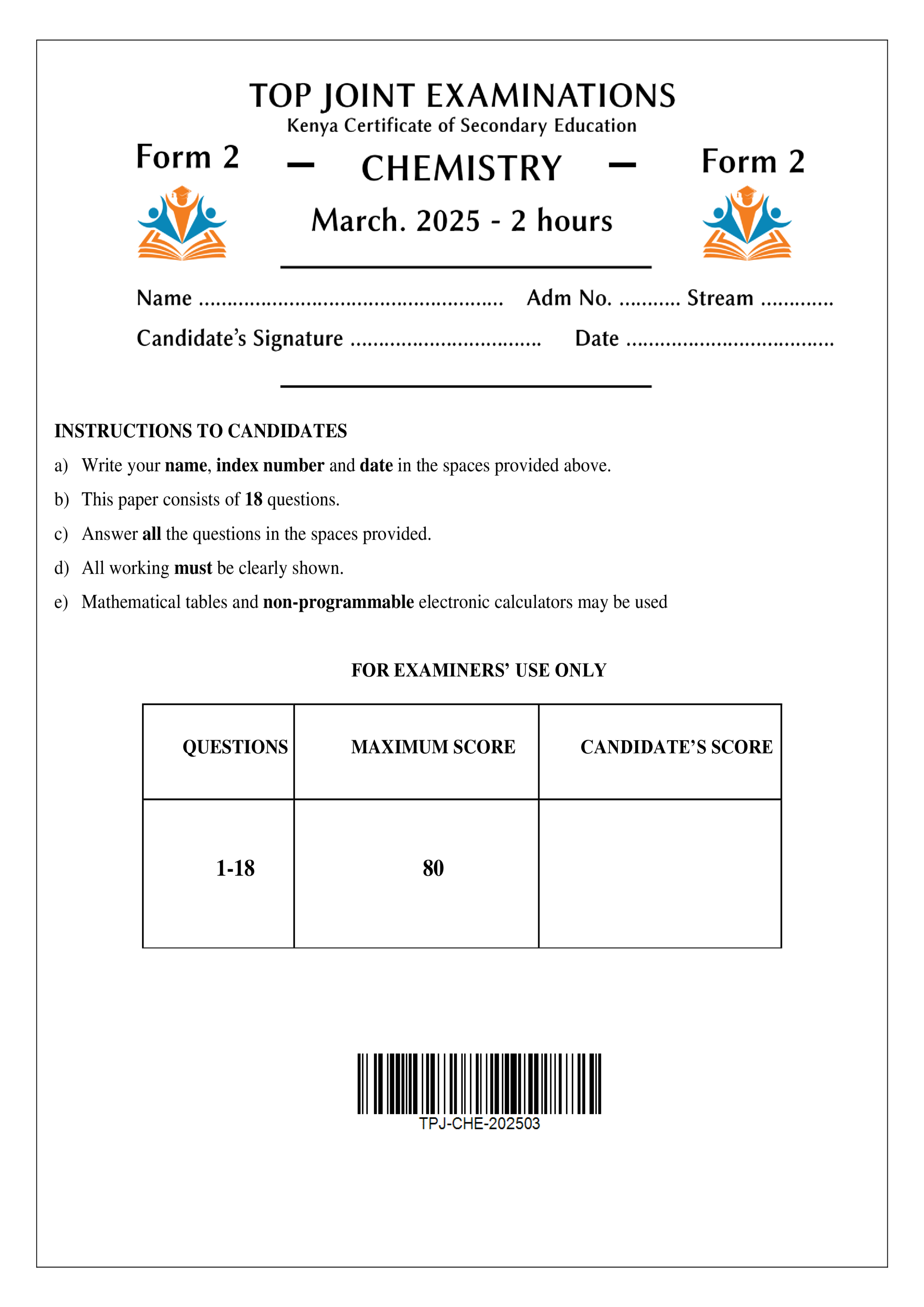 CHEMISTRY FORM 2 END TERM 1 2025