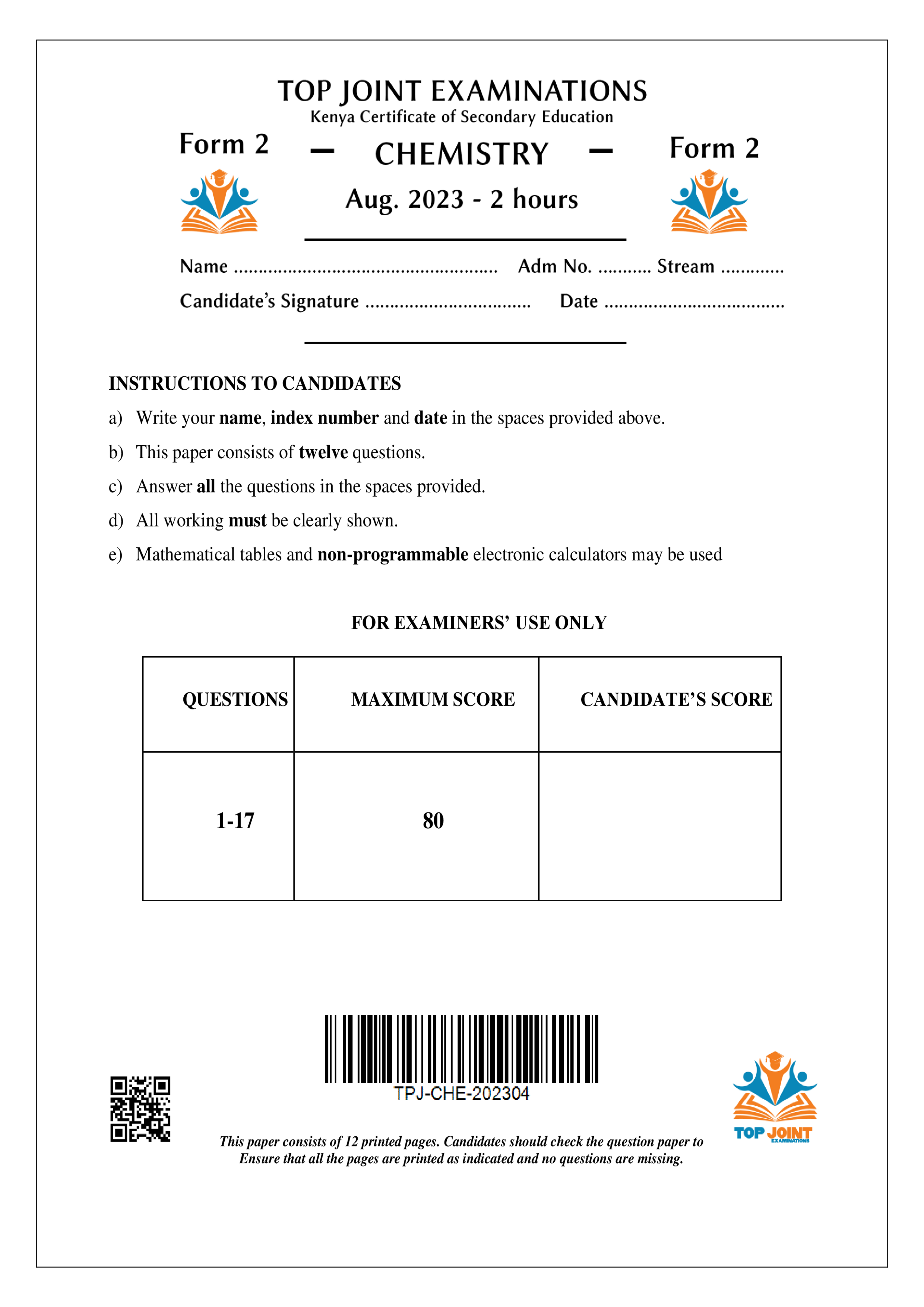 CHEMISTRY FORM 2 END TERM 2 2023