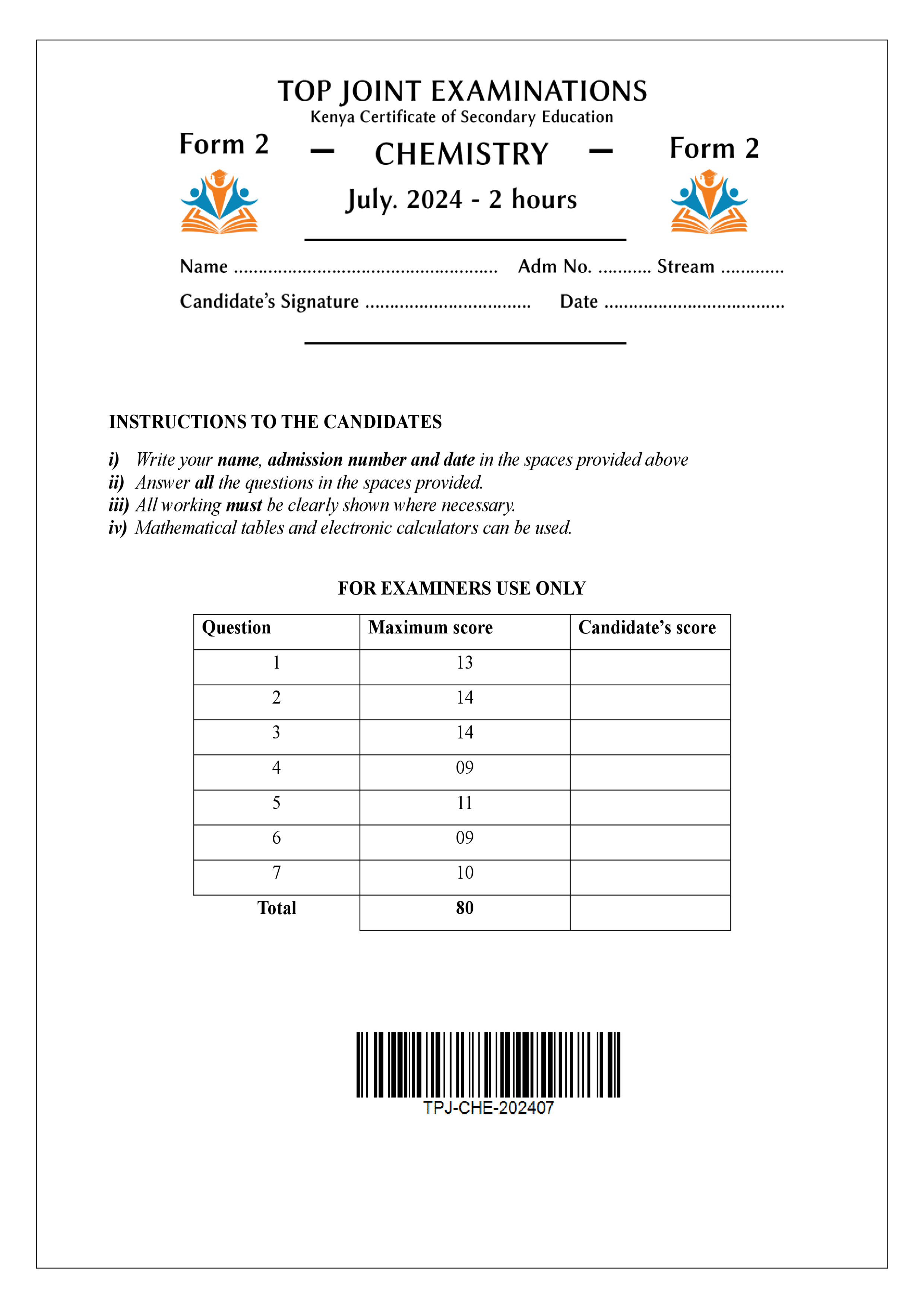 CHEMISTRY FORM 2 END TERM 2 2024