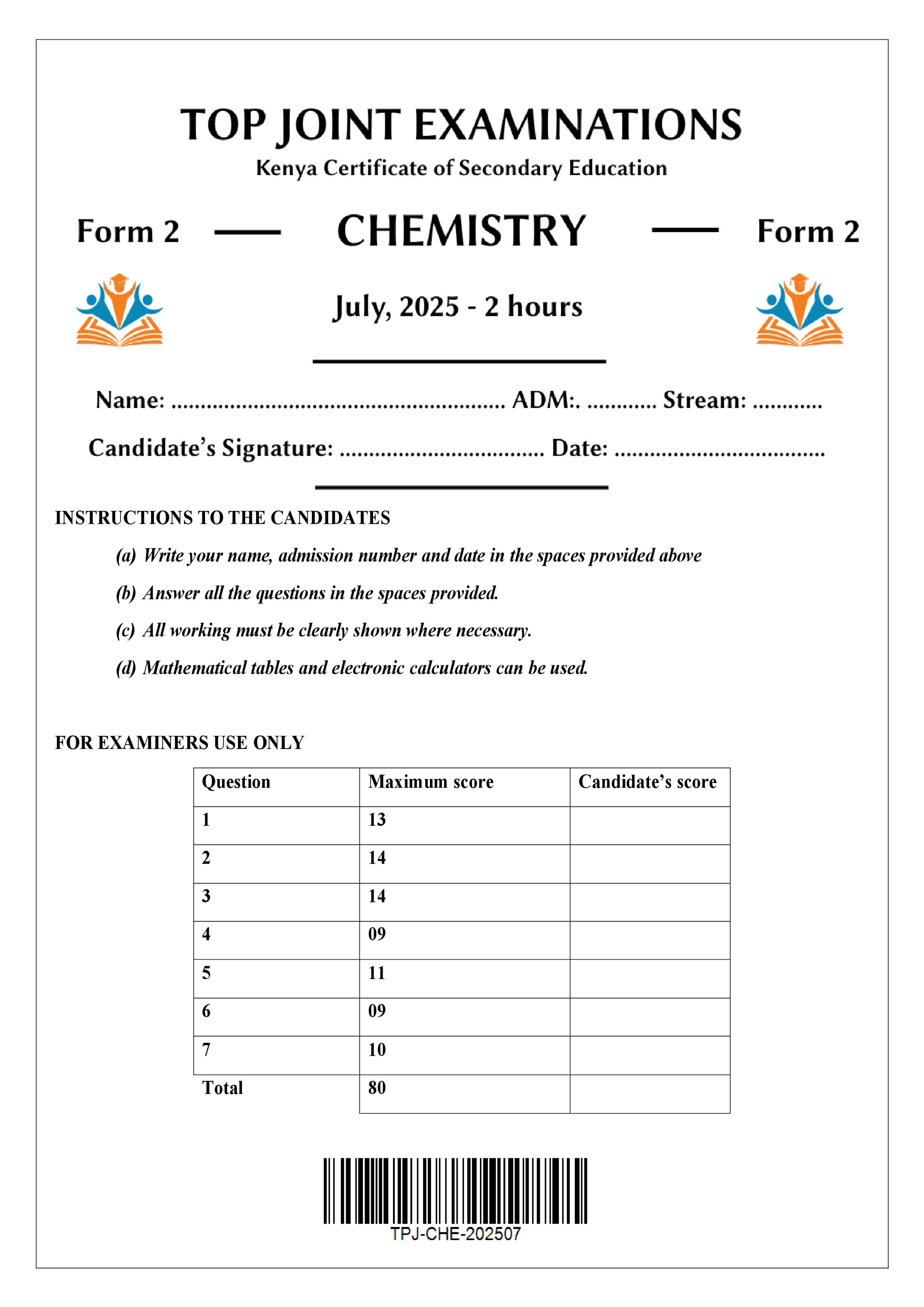 CHEMISTRY FORM 2 END TERM 2 2025